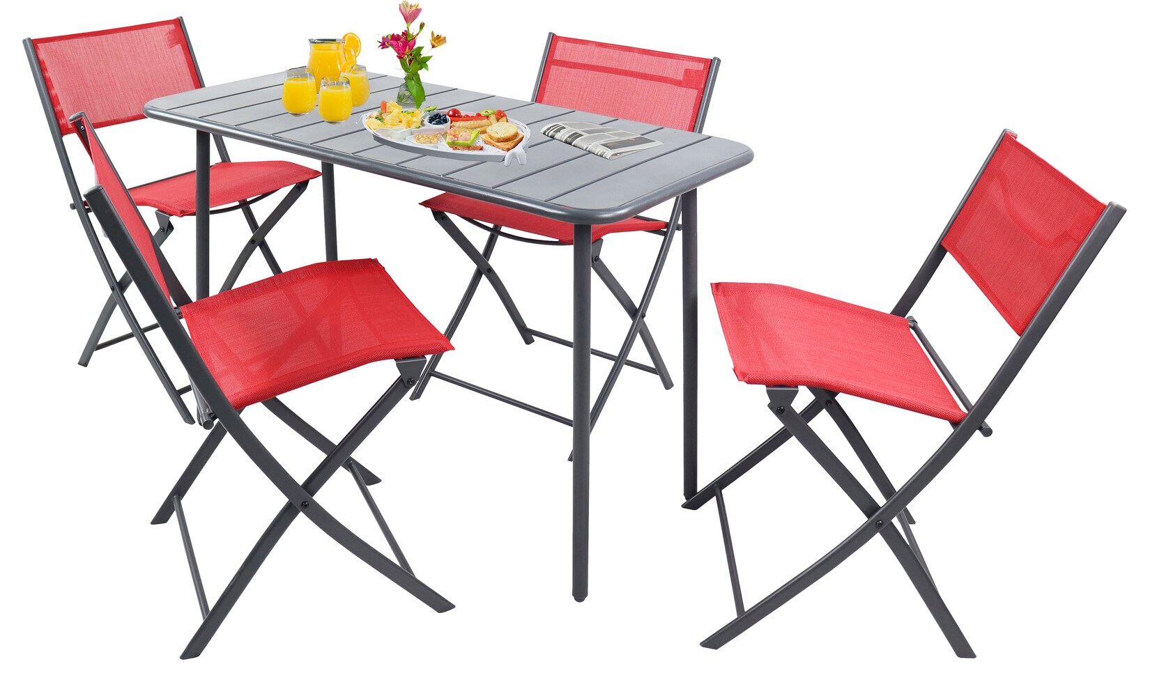 VCM 5-teilig Balkonmöbel Set, Gartentisch 110x55 cm mit 4 Klappstühlen, Metall & Textilene, wetterbeständig, platzsparend für Balkon & Terrasse, Sumila