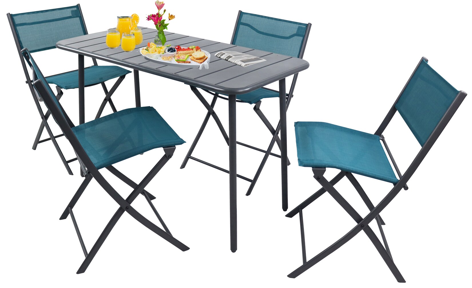 VCM 5-teilig Balkonmöbel Set, Gartentisch 110x55 cm mit 4 Klappstühlen, Metall & Textilene, wetterbeständig, platzsparend für Balkon & Terrasse, Sumila