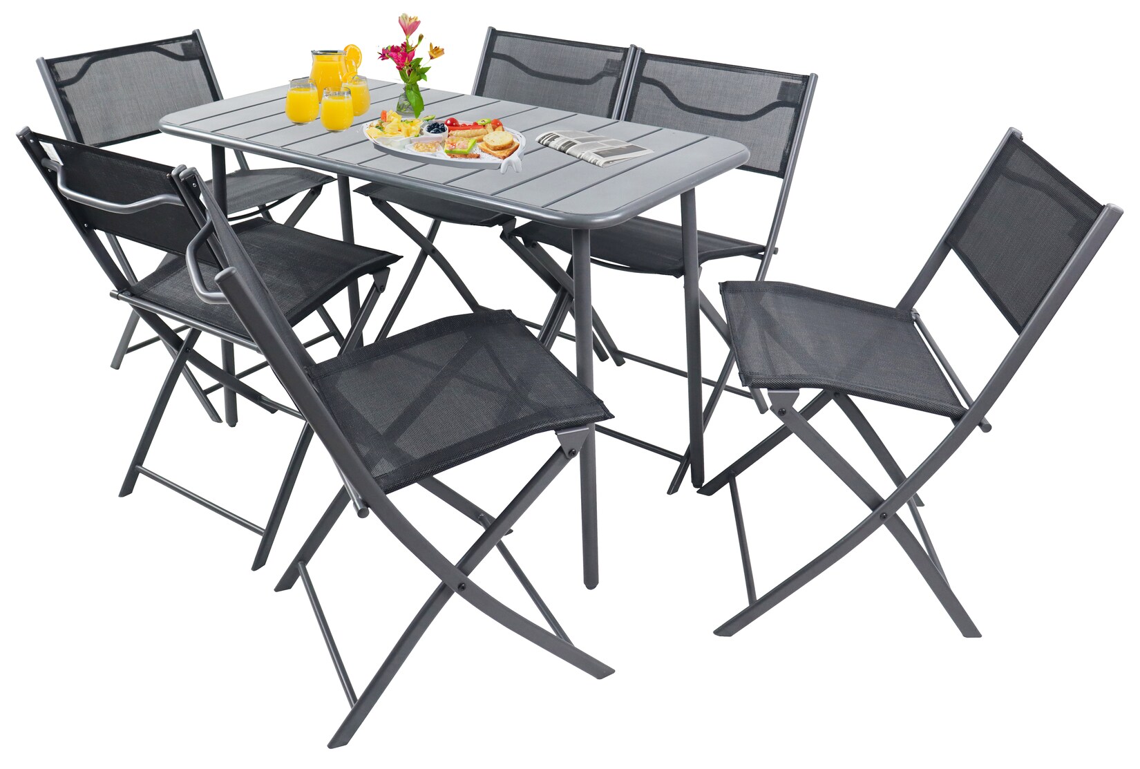 VCM 7-teilig Balkonmöbel Set, Gartentisch 110x55 cm mit 6 Klappstühlen, Metall & Textilene, wetterbeständig, platzsparend für Balkon & Terrasse, Sumila