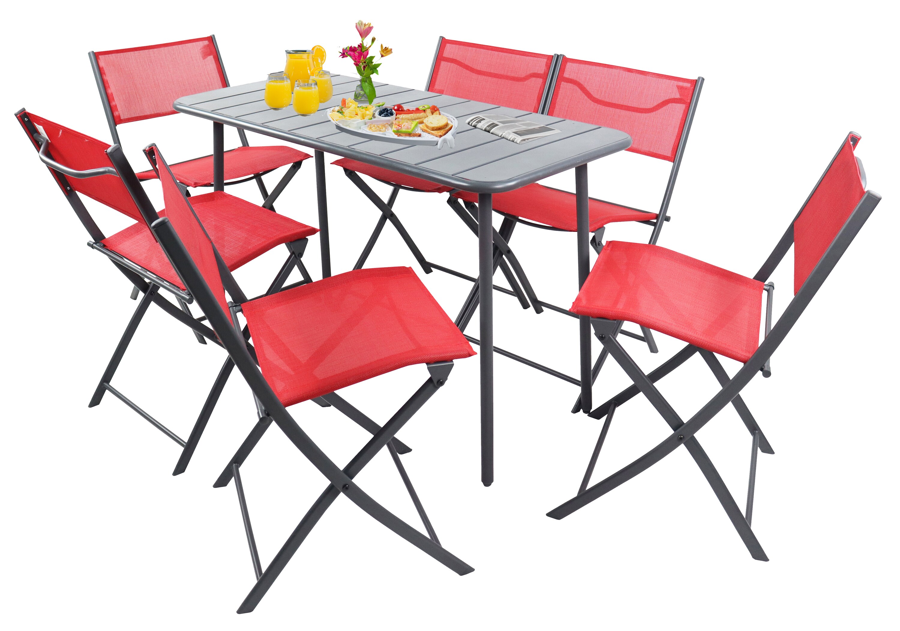 VCM 7-teilig Balkonm&ouml;bel Set, Gartentisch 110x55 cm mit 6 Klappst&uuml;hlen, Metall & Textilene, wetterbest&auml;ndig, platzsparend f&uuml;r Balkon & Terrasse, Sumila - Bild 1