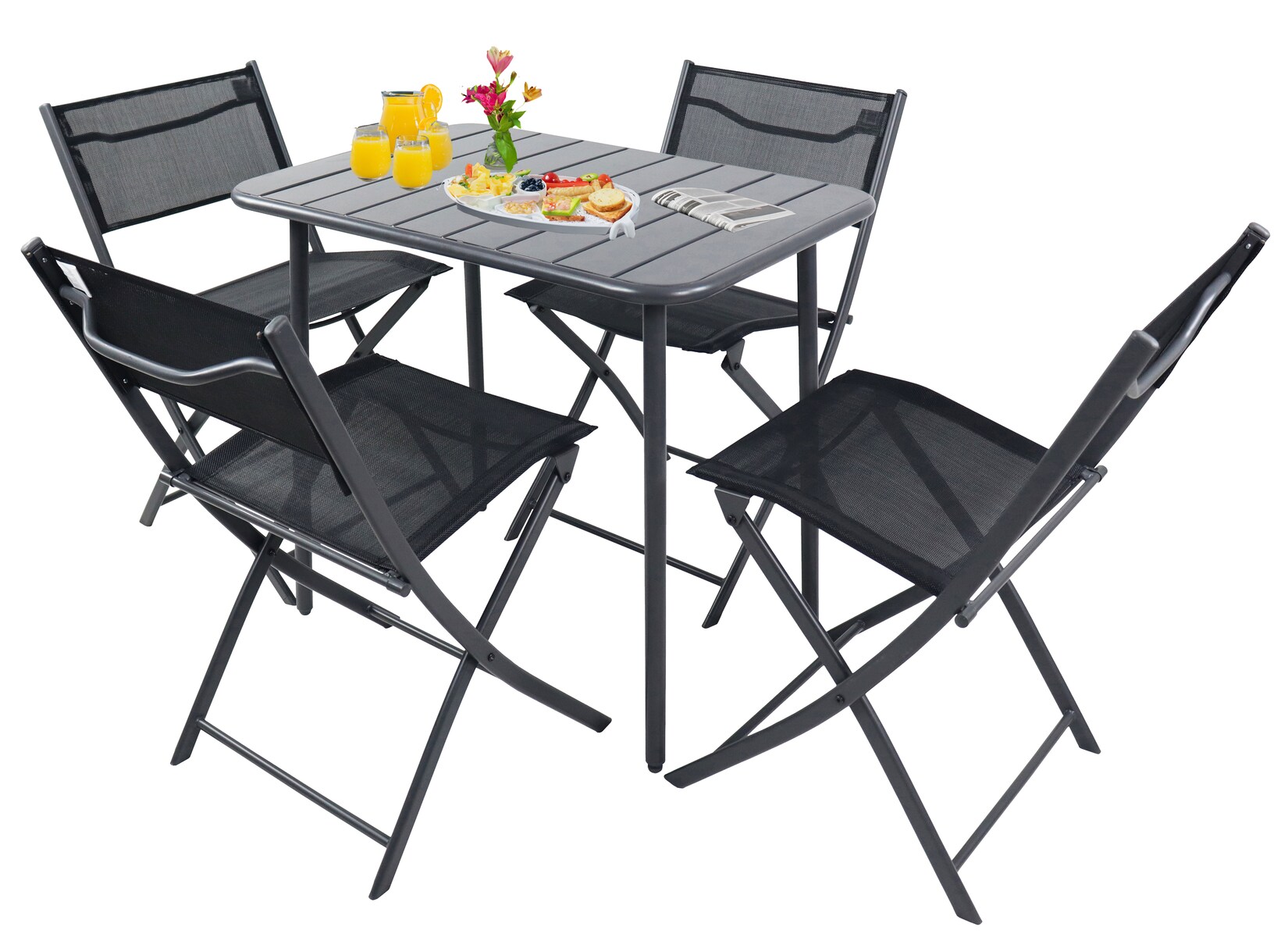 VCM 5-teilig Balkonmöbel Set, Gartentisch 80x55 cm mit 4 Klappstühlen, Metall & Textilene, wetterbeständig, platzsparend für Balkon & Terrasse, Sumila
