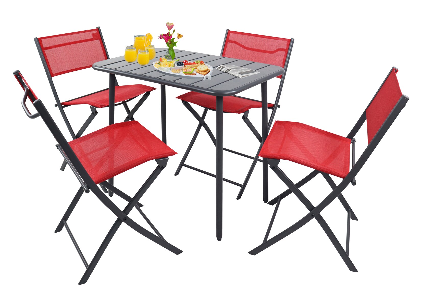 VCM 5-teilig Balkonmöbel Set, Gartentisch 80x55 cm mit 4 Klappstühlen, Metall & Textilene, wetterbeständig, platzsparend für Balkon & Terrasse, Sumila