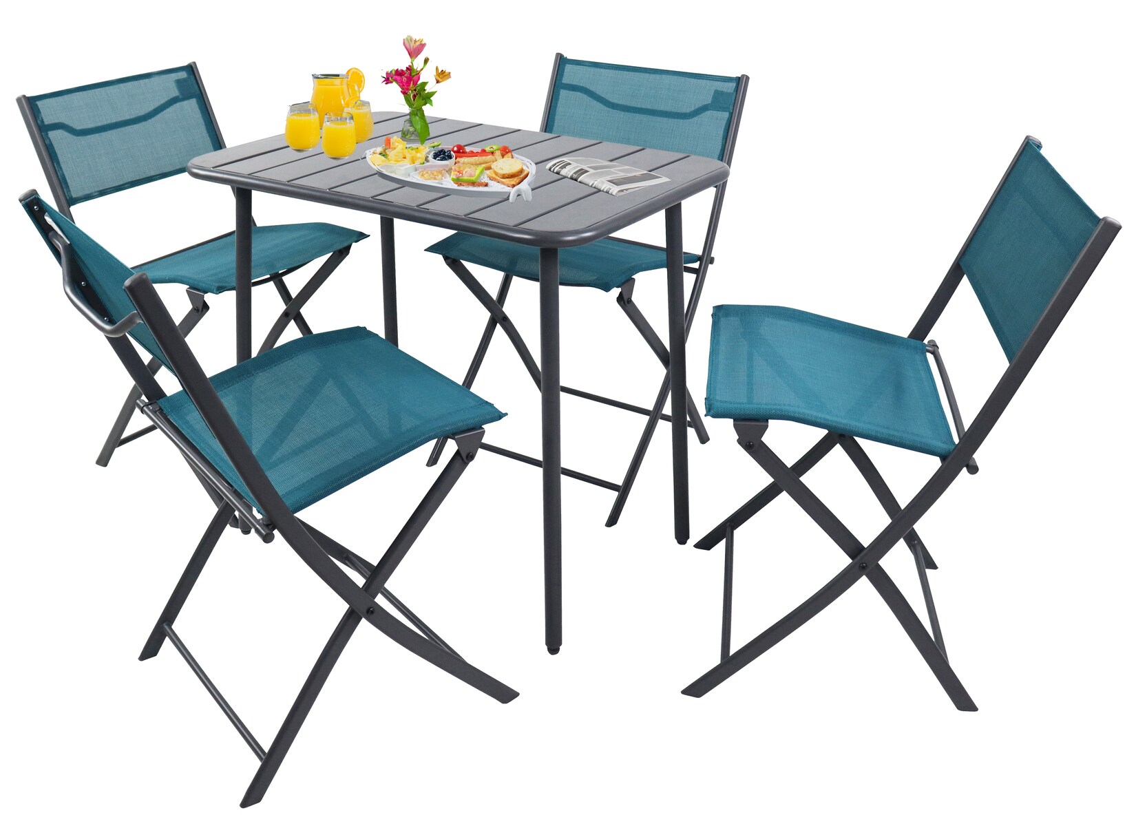 VCM 5-teilig Balkonmöbel Set, Gartentisch 80x55 cm mit 4 Klappstühlen, Metall & Textilene, wetterbeständig, platzsparend für Balkon & Terrasse, Sumila