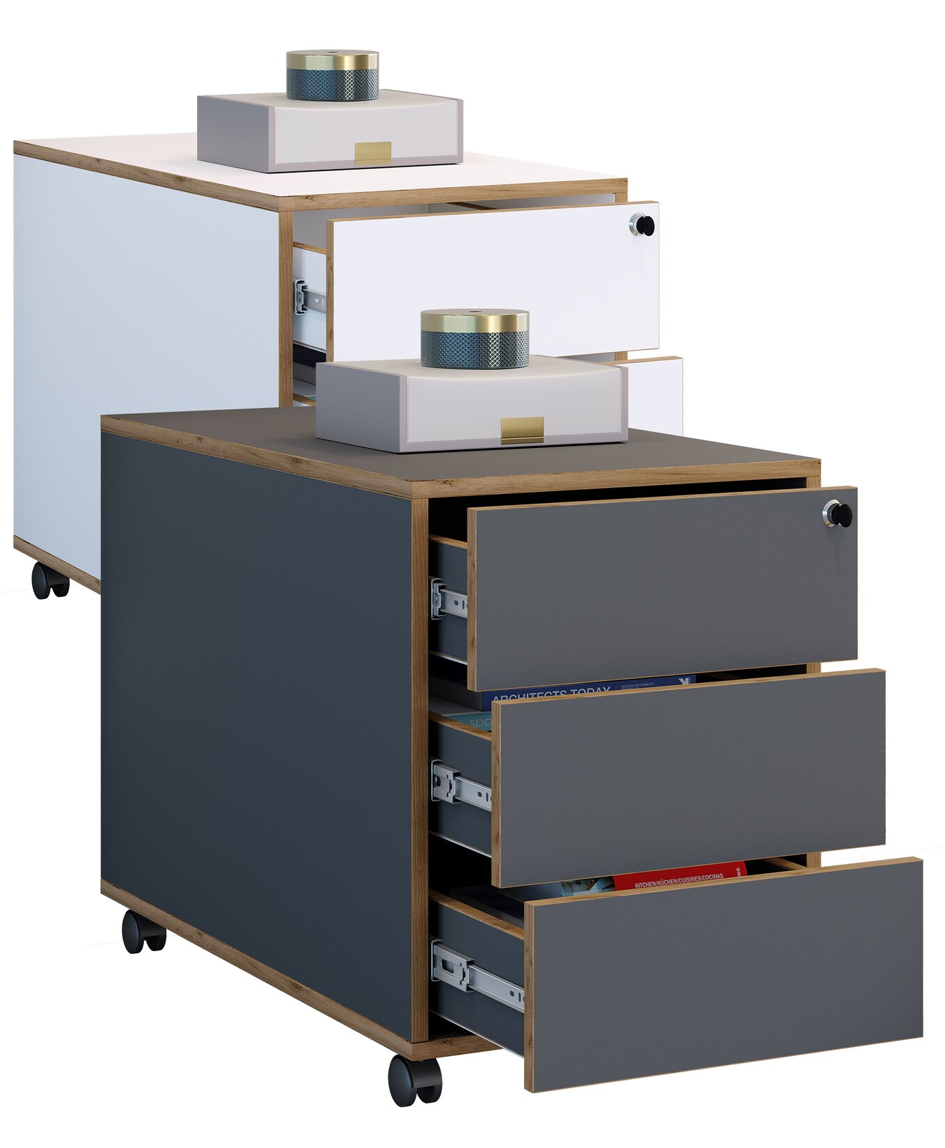 VCM Rollcontainer Beistellcontainer mit drei Schubladen Maße ca. H. 50 x B. 39 x T. 70 cm Bürocontainer abschließbar - Salia