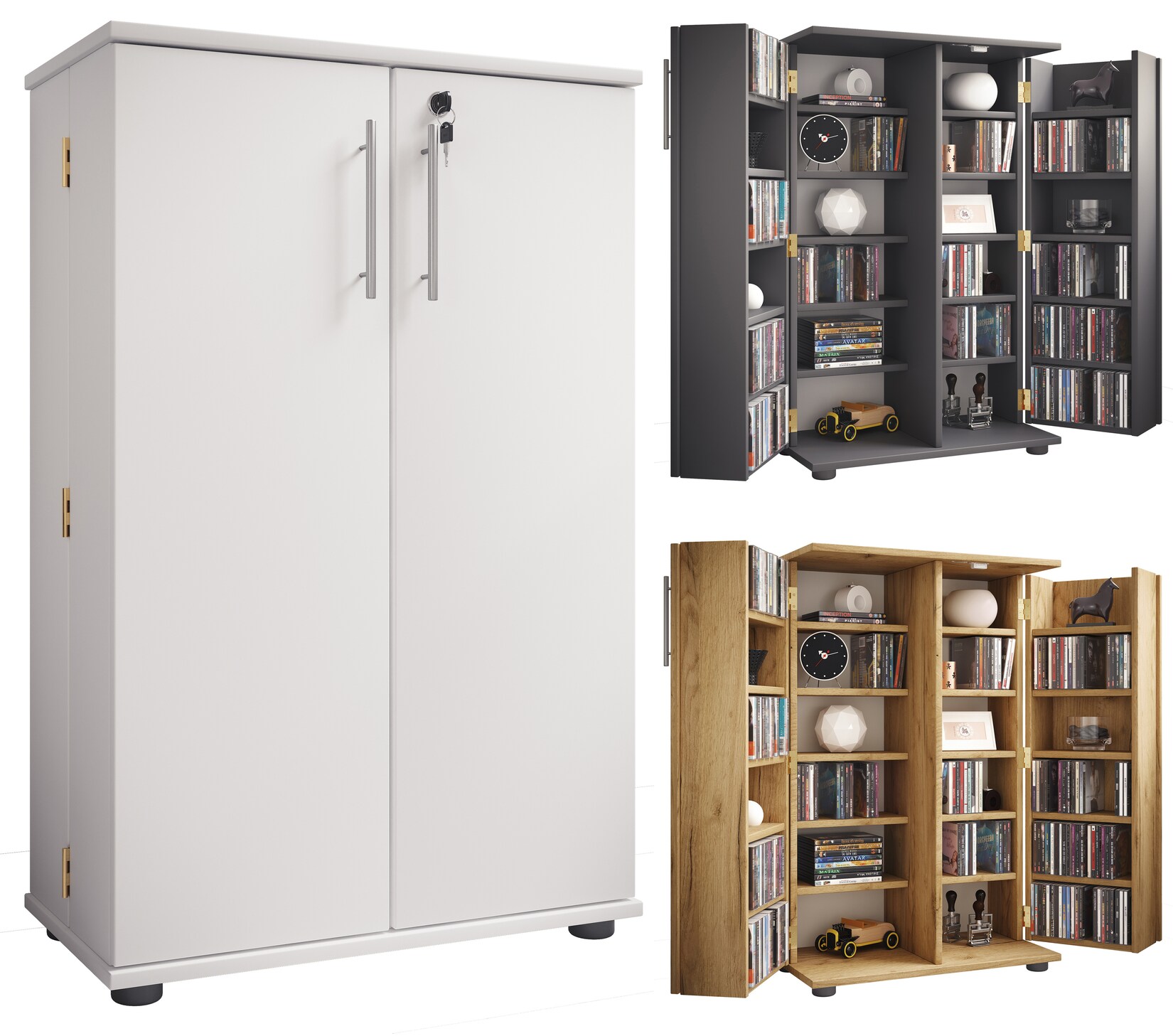 VCM Holz CD DVD Stand Regal/Schrank platzsparender CD Schrank mit 2 abschließbaren Türen für 600 CDs oder 260 DVDs oder 144-Videos Maße: H. 93 x B. 60 x T. 31 cm 20 variable Einlegeböden – Engalo XL