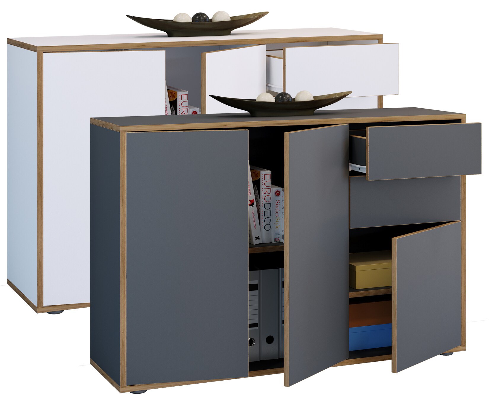 VCM Holz Kommode Sideboard mit Drehtüren und Schubladen Büromöbel Maße ca H. 74 x B. 110 x T. 32cm - Salia