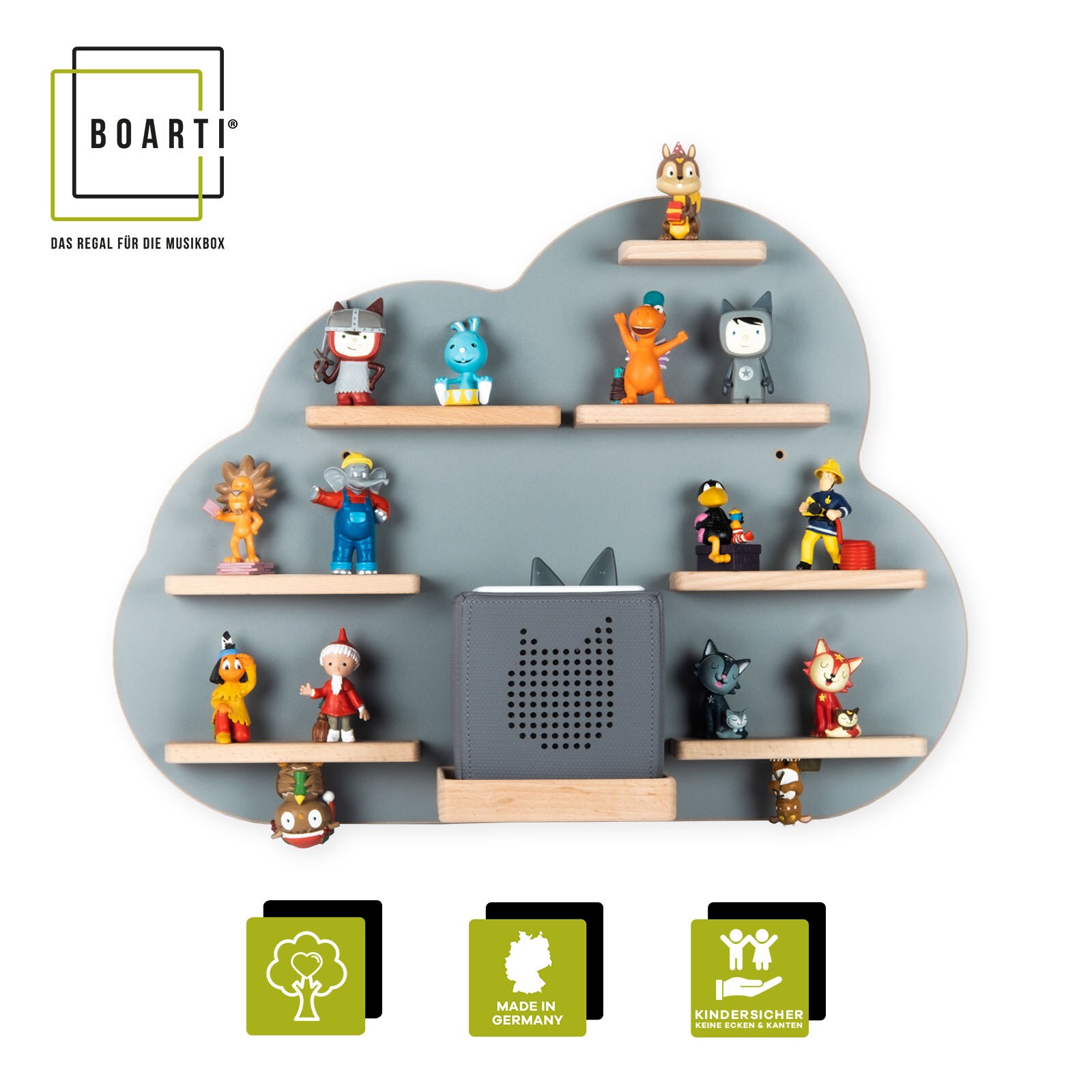 BOARTI Kinderregal Wolke | h&auml;ngend f&uuml;r Toniebox und Tonie Figuren | platzsparendes Regal | H. 40 x B. 55 x T. 19 cm | Wandregal f&uuml;r Musikbox und Figuren Aufbewahrung Magneteins&auml;tzen | Aufbewahrungsregal Holz - Bild 1
