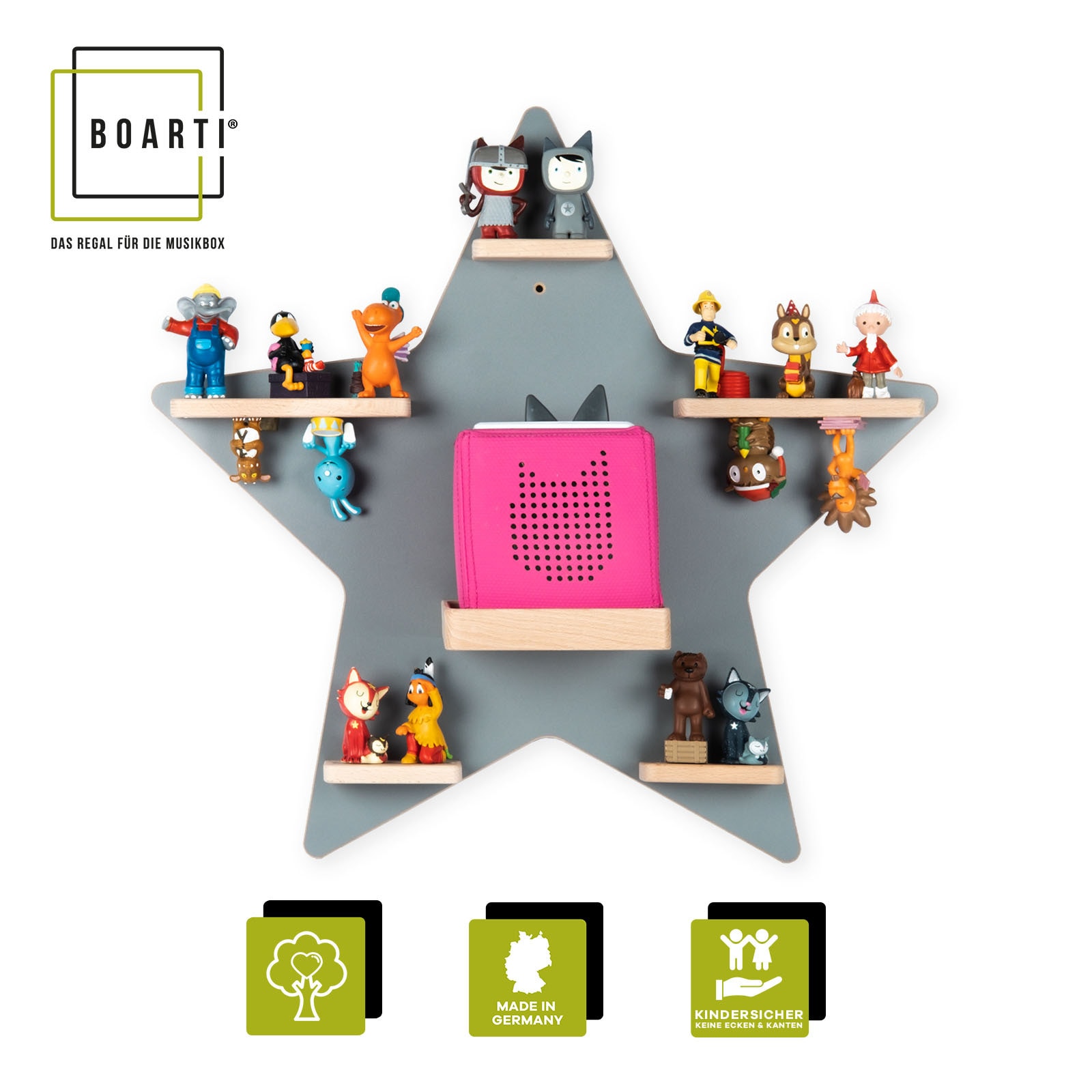 BOARTI Kinderregal Stern | h&auml;ngend f&uuml;r Toniebox und Tonie Figuren | platzsparendes Regal | H. 55 x B. 52 x T. 19 cm | Wandregal f&uuml;r Musikbox und Figuren Aufbewahrung Magneteins&auml;tzen | Aufbewahrungsregal Holz - Bild 1