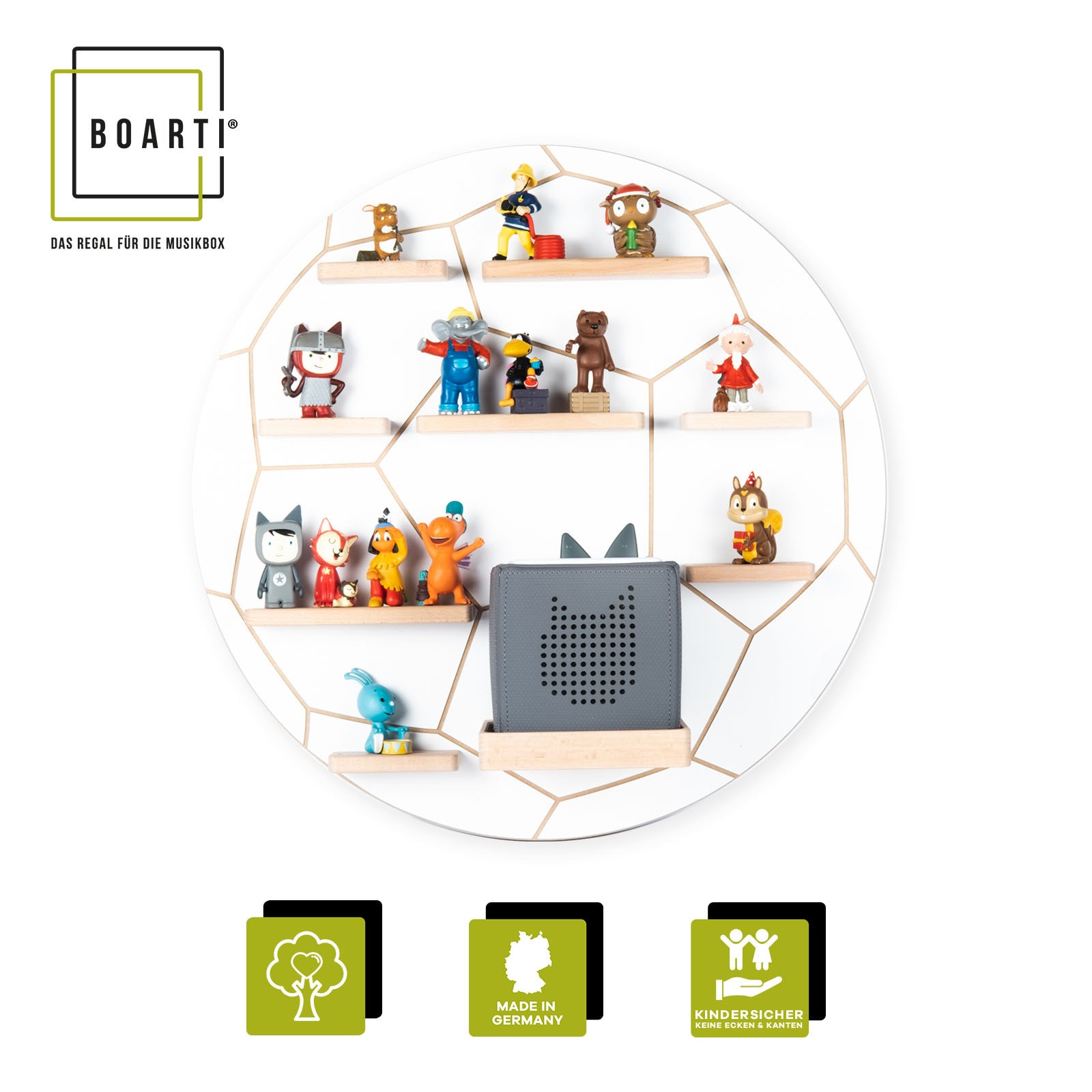 BOARTI Kinderregal Fu&szlig;ball | h&auml;ngend f&uuml;r Toniebox und Tonie Figuren | platzsparendes Regal | H. 50 x B. 50 x T. 19 cm | Wandregal Musikbox und Figuren Aufbewahrung Magneteins&auml;tzen | Aufbewahrungsregal Holz - Bild 1