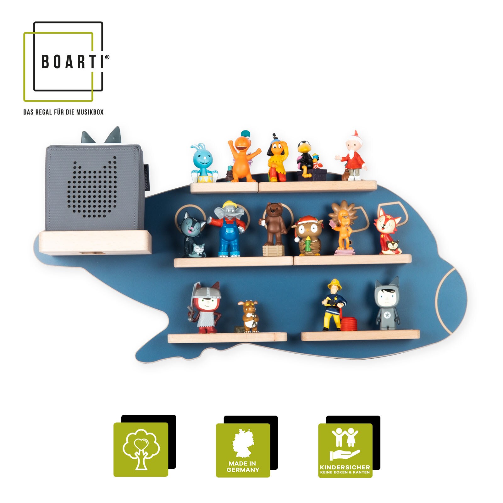 BOARTI Kinderregal Flugzeug  hängend für Toniebox und Tonie Figuren   platzsparendes Regal   H. 30 x B. 60 x T. 19 cm   Wandregal Musikbox und Figuren Aufbewahrung Magneteinsätzen   Aufbewahrungsregal Holz | 04260641120086