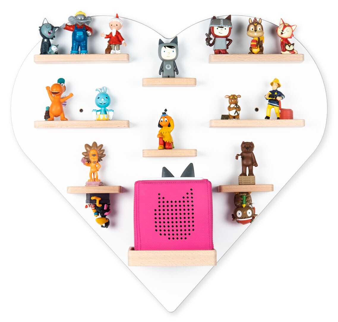 BOARTI Kinderregal Herz   hängend für Toniebox und Tonie Figuren   platzsparendes Regal   H. 51 x B. 54 x T. 19 cm   Wandregal für Musikbox und Figuren Aufbewahrung Magneteinsätzen   Aufbewahrungsregal Holz | 04260641120109