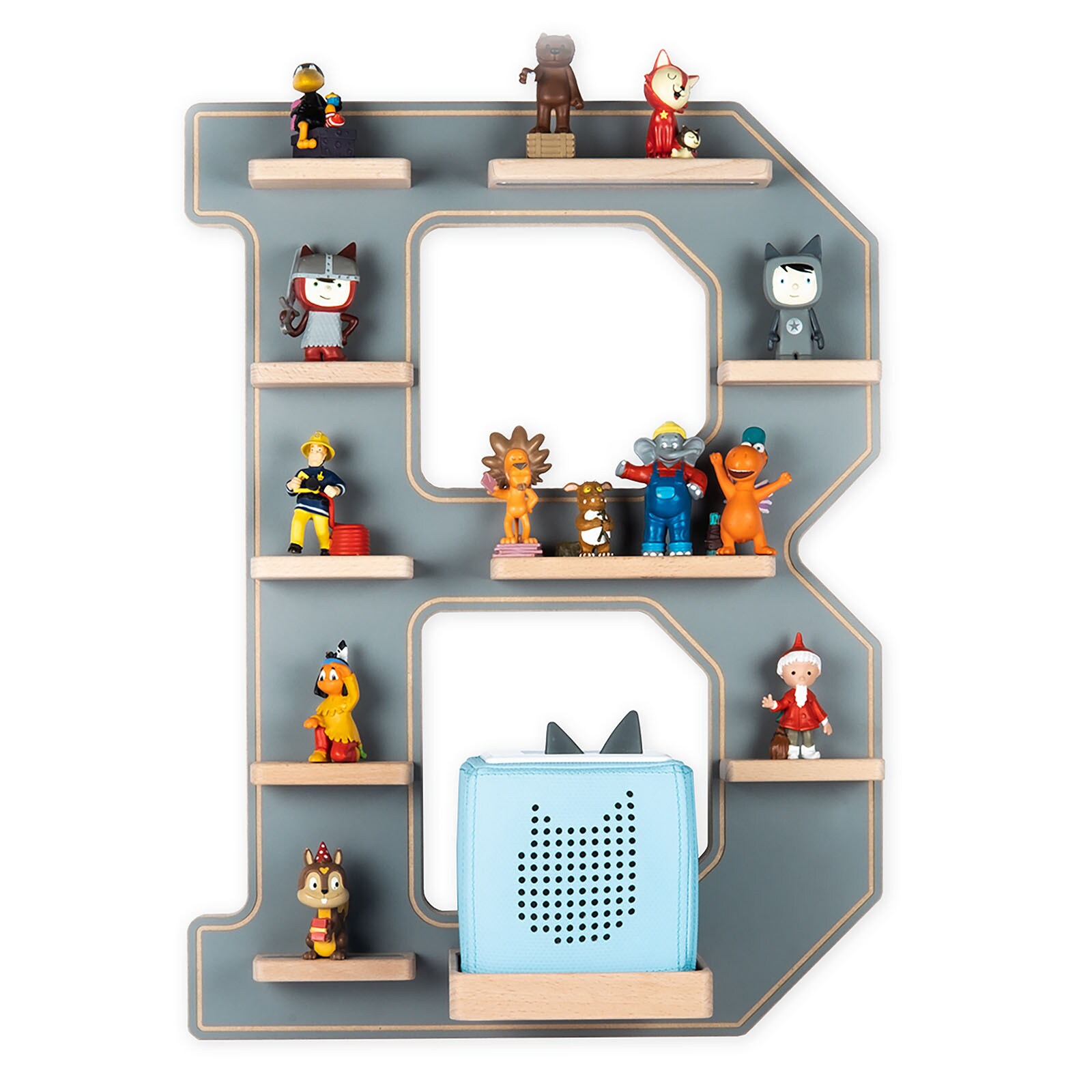 BOARTI Kinderregal Buchstabe B hängend für Toniebox und Tonie Figuren platzsparendes Regal Maße H. 54 x B. 41 x T. 19 Wandregal Musikbox Figuren Aufbewahrung Magneteinsätzen Aufbewahrungsregal Holz