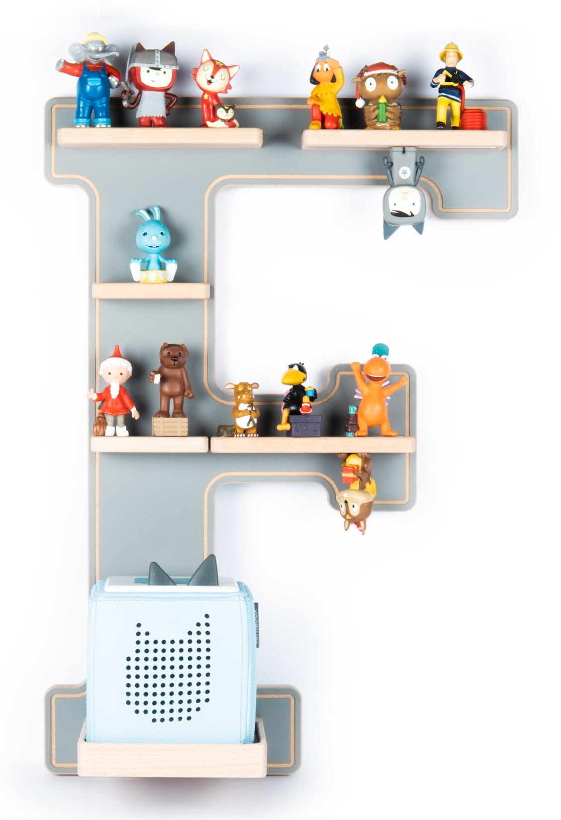 BOARTI Kinderregal Buchstabe F   hängend für Toniebox und Tonie Figuren   platzsparendes Regal   H. 54 x B. 38 x T. 19   Wandregal Musikbox Figuren Aufbewahrung mit Magneteinsätzen   Aufbewahrungsregal Holz | 04260641120215
