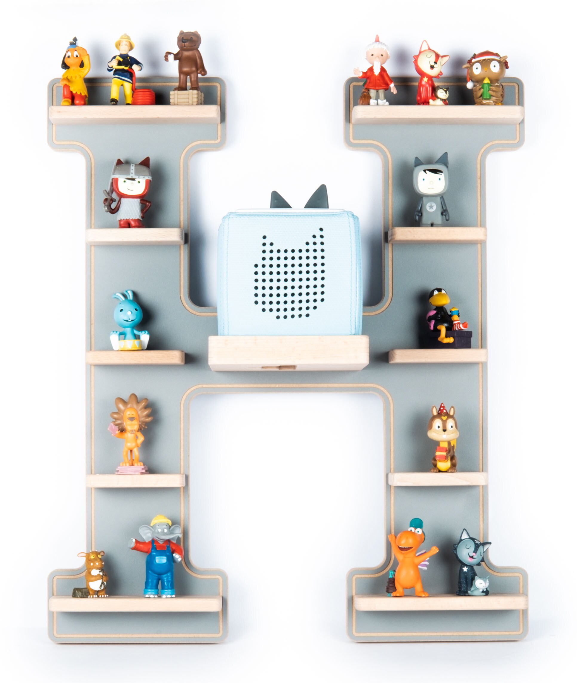 BOARTI Kinderregal Buchstabe H | h&auml;ngend f&uuml;r Toniebox und Tonie Figuren | platzsparendes Regal | H. 54 x B. 46 x T. 19 cm | Wandregal Musikbox Figuren Aufbewahrung Magneteins&auml;tzen | Aufbewahrungsregal Holz - Bild 1