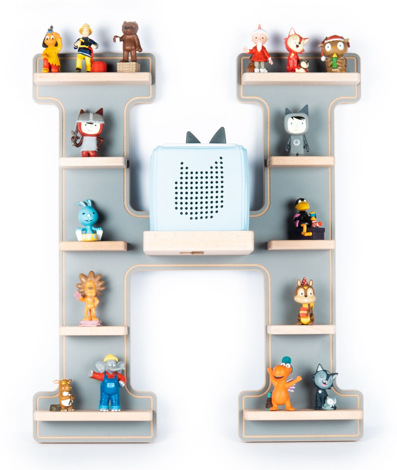 BOARTI Kinderregal Buchstabe H hängend für Toniebox und Tonie Figuren platzsparendes Regal H. 54 x B. 46 x T. 19 cm Wandregal Musikbox Figuren Aufbewahrung Magneteinsätzen Aufbewahrungsregal Holz