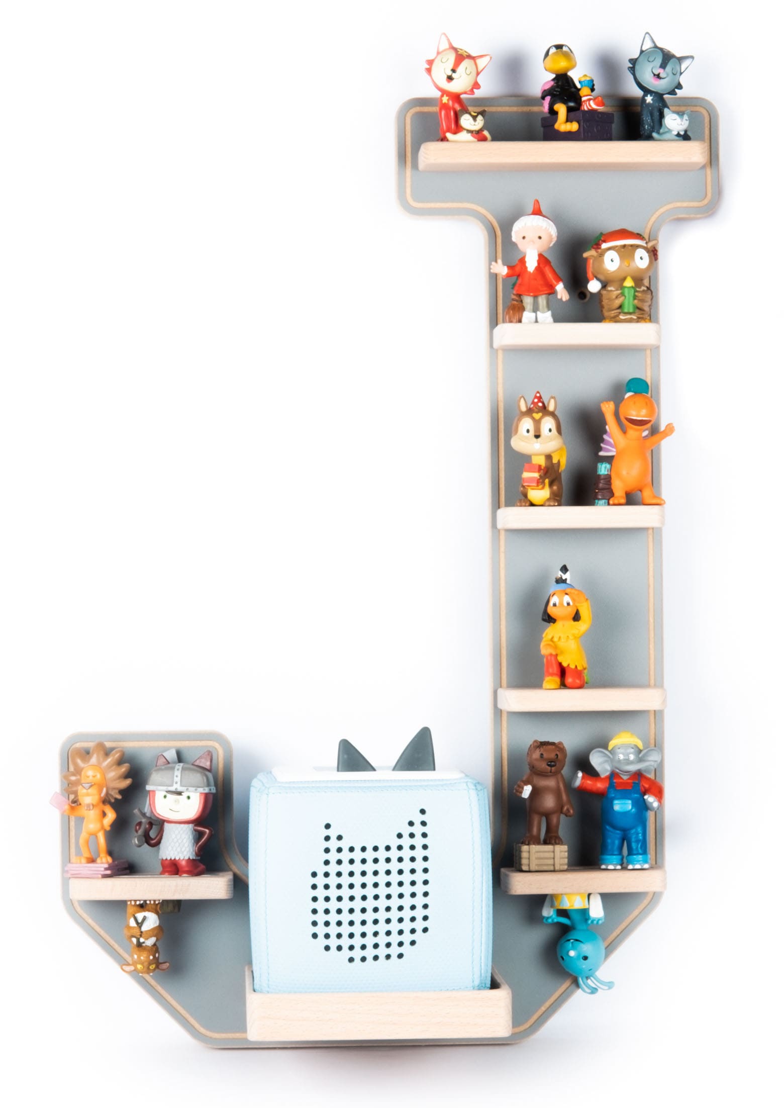 BOARTI Kinderregal Buchstabe J | h&auml;ngend f&uuml;r Toniebox und Tonie Figuren | platzsparendes Regal | H. 54 x B. 37 x T. 19 | Wandregal Musikbox und Figuren Aufbewahrung Magneteins&auml;tzen | Aufbewahrungsregal Holz - Bild 1