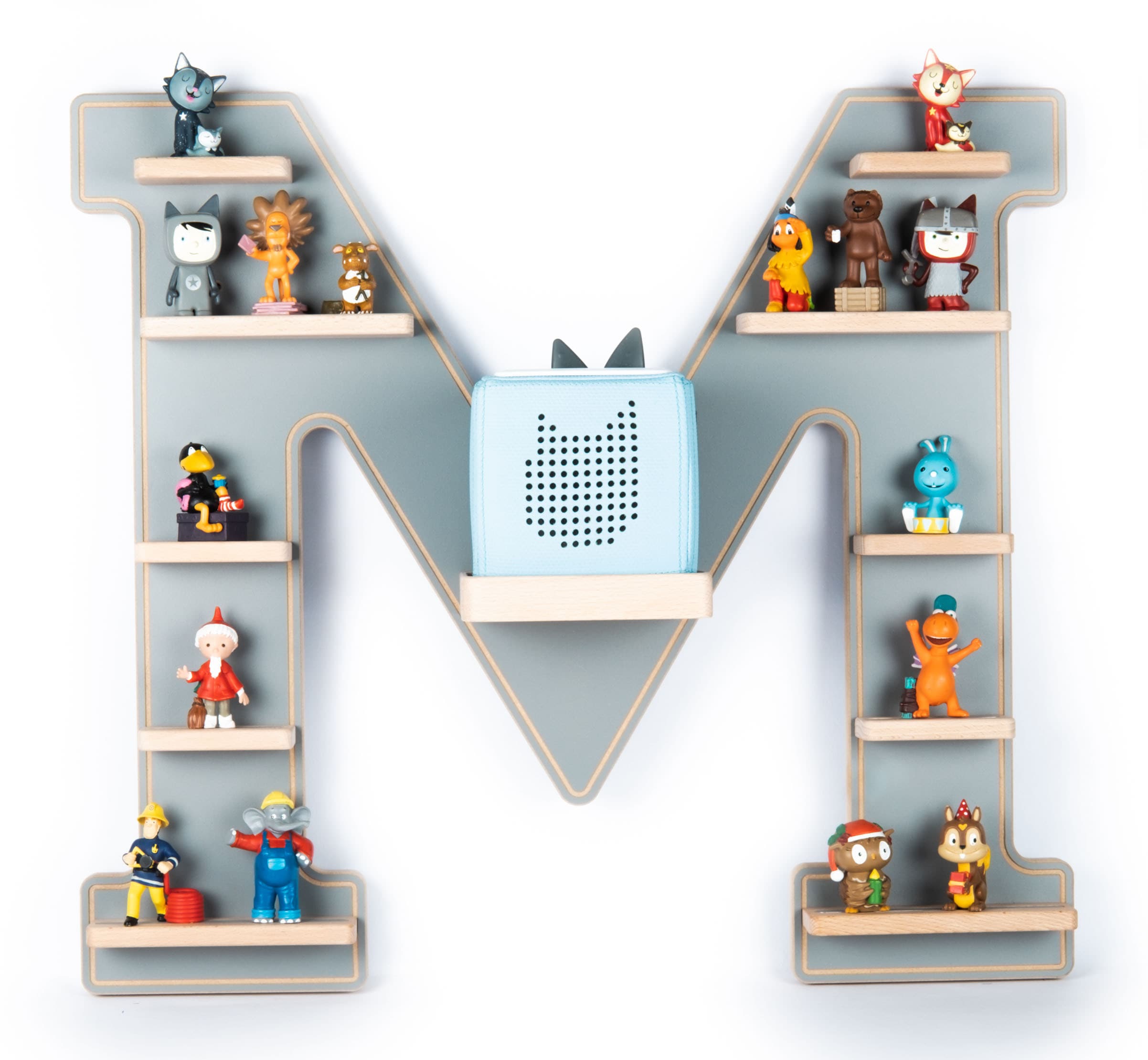 BOARTI Kinderregal Buchstabe M | h&auml;ngend f&uuml;r Toniebox und Tonie Figuren | platzsparendes Regal | H. 54 x B. 60 x T. 19 | Wandregal f&uuml;r Musikbox Figuren Aufbewahrung Magneteins&auml;tzen | Aufbewahrungsregal Holz - Bild 1