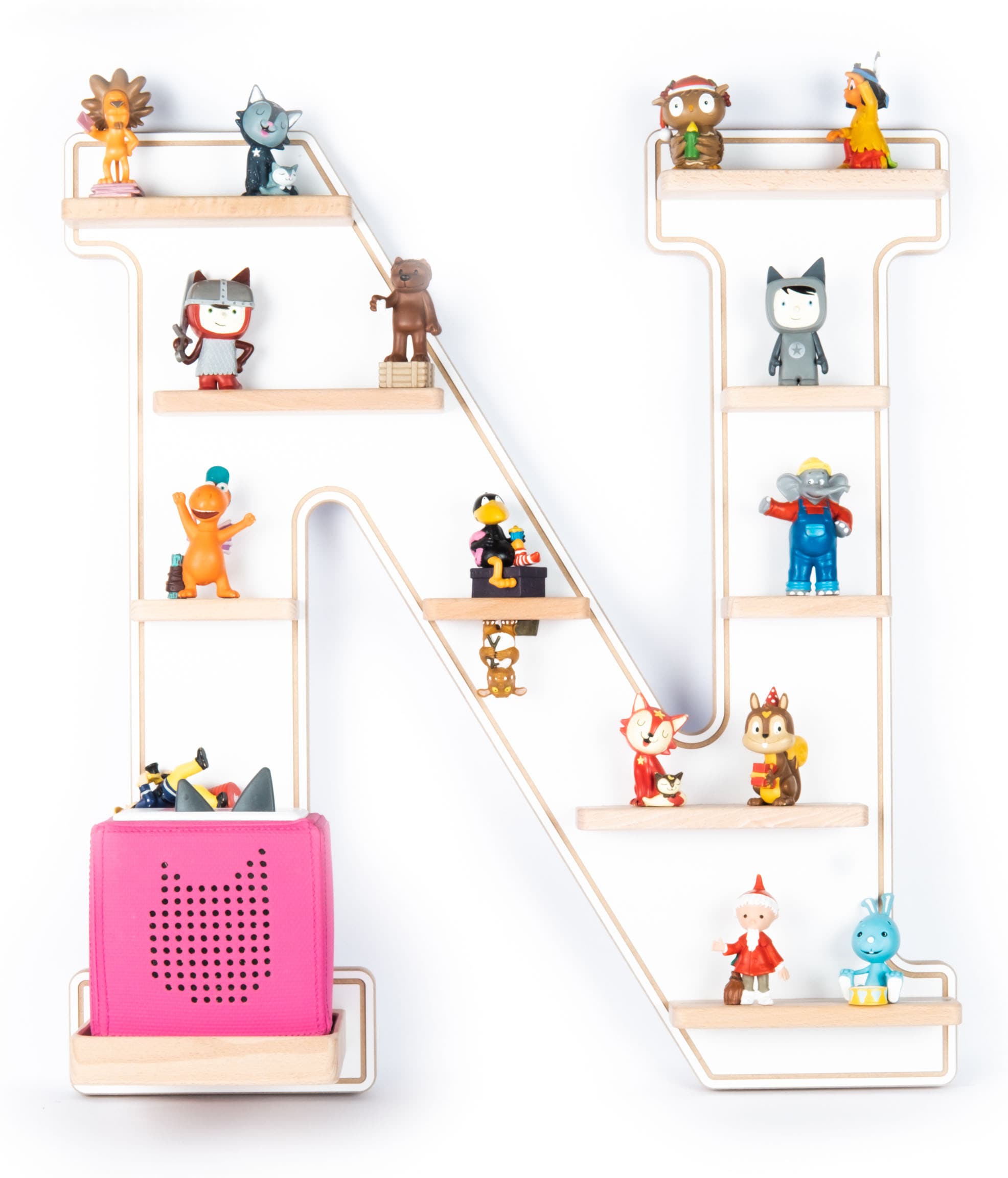 BOARTI Kinderregal Buchstabe N | h&auml;ngend f&uuml;r Toniebox und Tonie Figuren | platzsparendes Regal | H. 54 x B. 50 x T. 19 | Wandregal Musikbox und Figuren Aufbewahrung Magneteins&auml;tzen | Aufbewahrungsregal Holz - Bild 1
