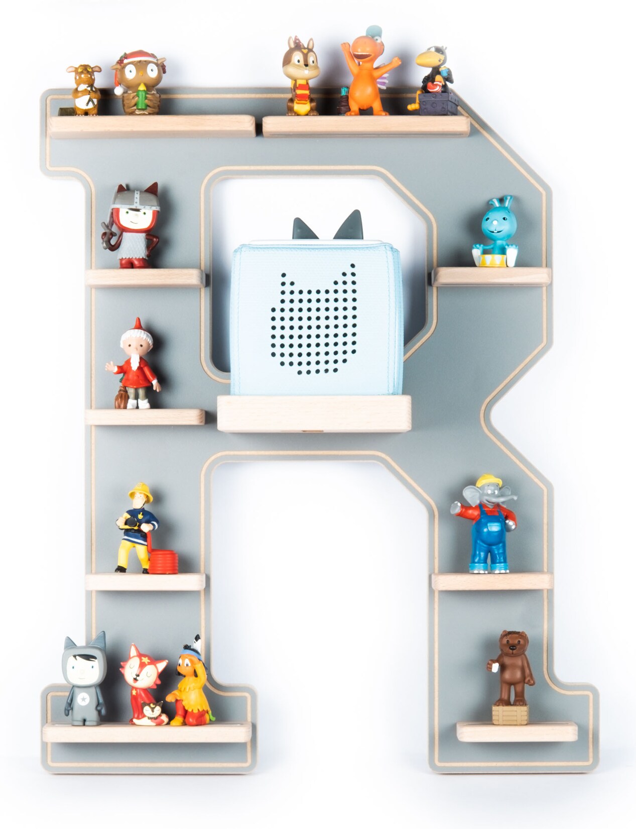 BOARTI Kinderregal Buchstabe R   hängend für Toniebox und Tonie Figuren   platzsparendes Regal   H. 54 x B. 44 x T. 19   Wandregal Musikbox und Figuren Aufbewahrung Magneteinsätzen   Aufbewahrungsregal Holz | 04260641120420