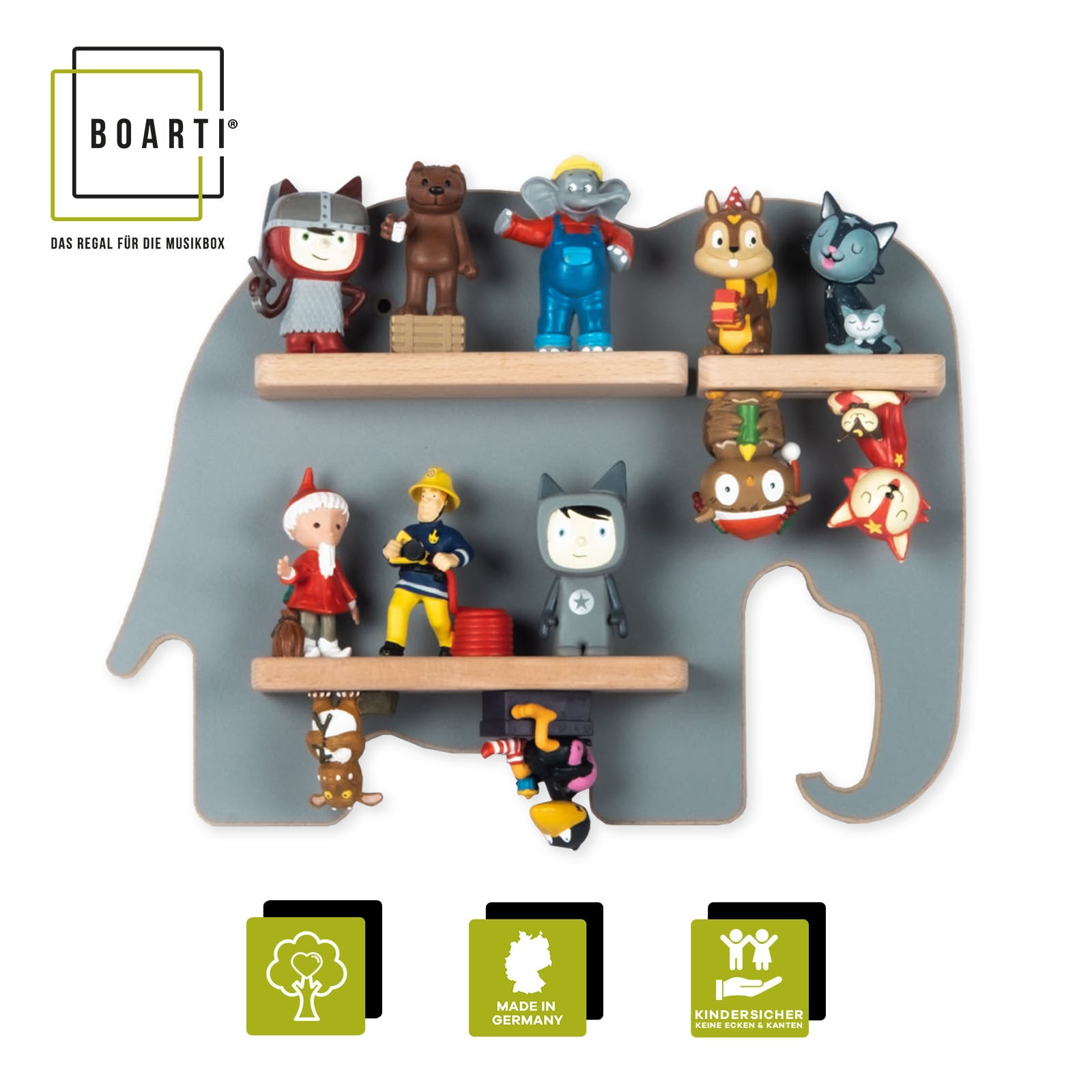 BOARTI Kinderregal Tier Elefant | h&auml;ngend f&uuml;r Tonie Figuren | platzsparendes Regal | Ma&szlig;e: H. 24 x B. 33 x T. 5 cm | Wandregal f&uuml;r Figuren Aufbewahrung mit Magneteins&auml;tzen | Aufbewahrungsregal Holz - Bild 1