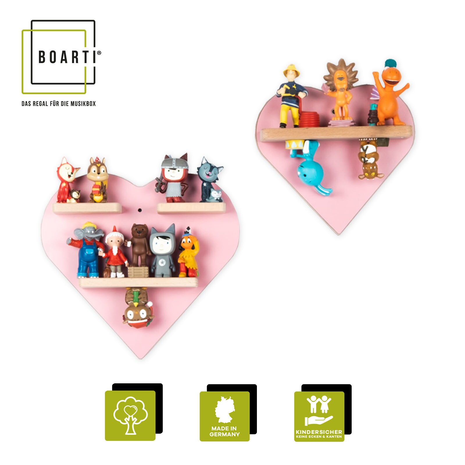 BOARTI Kinderregal Herz   hängend für Tonie Figuren   platzsparendes Regal   Maße: H. 27 x B. 44 x T. 5 cm   Wandregal für Figuren Aufbewahrung mit Magneteinsätzen   Aufbewahrungsregal Holz | 04260641120383