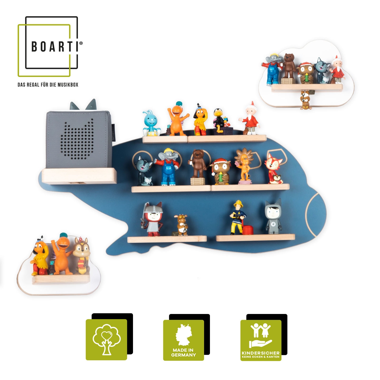 BOARTI Kinderregal Flugzeug Wolken | h&auml;ngend f&uuml;r Toniebox und Tonie Figuren | platzsparendes Regal | H. 49 x B. 82 x T. 19 | Wandregal Musikbox Figuren Aufbewahrung Magneteins&auml;tzen | Aufbewahrungsregal Holz - Bild 1