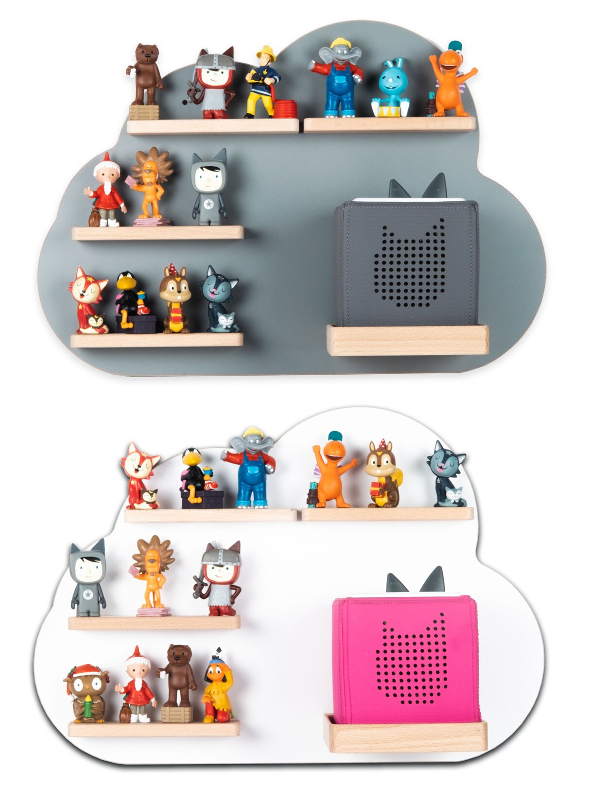 BOARTI Kinderregal Wolke hängend für Toniebox und Tonie Figuren platzsparendes Regal H. 34 x B. 48 x T. 19 Wandregal Musikbox Figuren Aufbewahrung mit Magneteinsätzen Aufbewahrungsregal Holz Wolken
