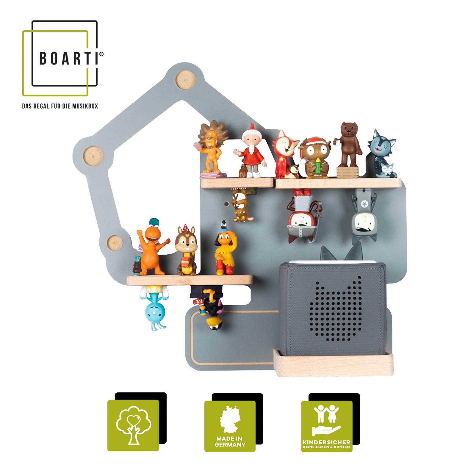 BOARTI Kinderregal Bagger | h&auml;ngend f&uuml;r Toniebox und Tonie Figuren | platzsparendes Regal | H. 39 x B. 44 x T. 19 | Wandregal Musikbox Figuren Aufbewahrung Magneteins&auml;tzen | Aufbewahrungsregal Baustelle Holz - Bild 1