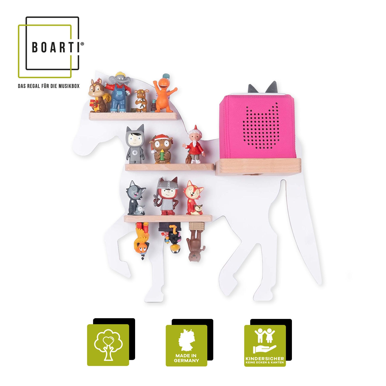 BOARTI Kinderregal Tier Pferd hängend für Toniebox und Tonie Figuren platzsparendes Regal H. 42 x B. 46 x T. 19 Wandregal für Musikbox …