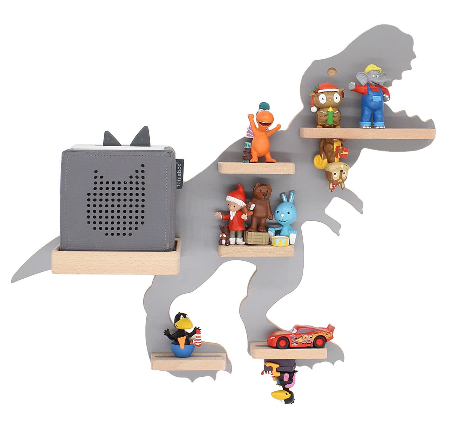 BOARTI Kinderregal Tier Dinosaurier | h&auml;ngend f&uuml;r Toniebox und Tonie Figuren | Regal | H. 44 x B. 52 x T. 19 | Wandregal Musikbox und Figuren Aufbewahrung mit Magneteins&auml;tzen | Aufbewahrungsregal Holz Dino - Bild 1