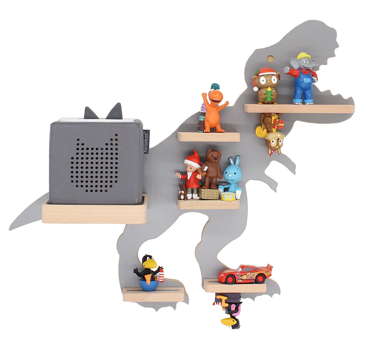 BOARTI Kinderregal Tier Dinosaurier   hängend für Toniebox und Tonie Figuren   Regal   H. 44 x B. 52 x T. 19   Wandregal Musikbox und Figuren Aufbewahrung mit Magneteinsätzen   Aufbewahrungsregal Holz Dino | 04260641121113