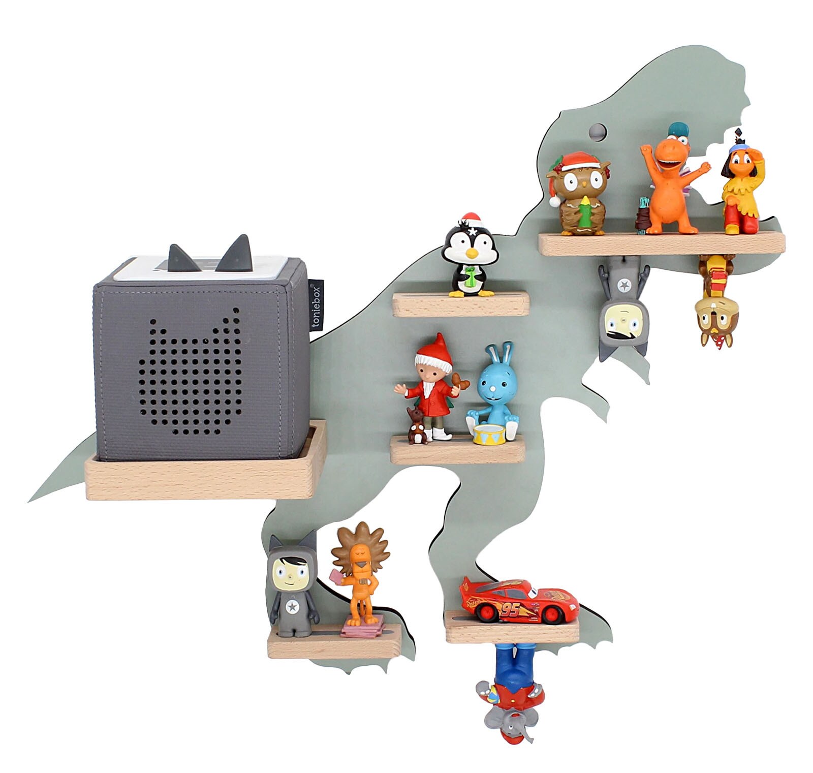 BOARTI Kinderregal Tier Dinosaurier hängend für Toniebox und Tonie Figuren Regal H. 44 x B. 52 x T. 19 Wandregal Musikbox und Figuren Aufbewahrung mit Magneteinsätzen Aufbewahrungsregal Holz Dino