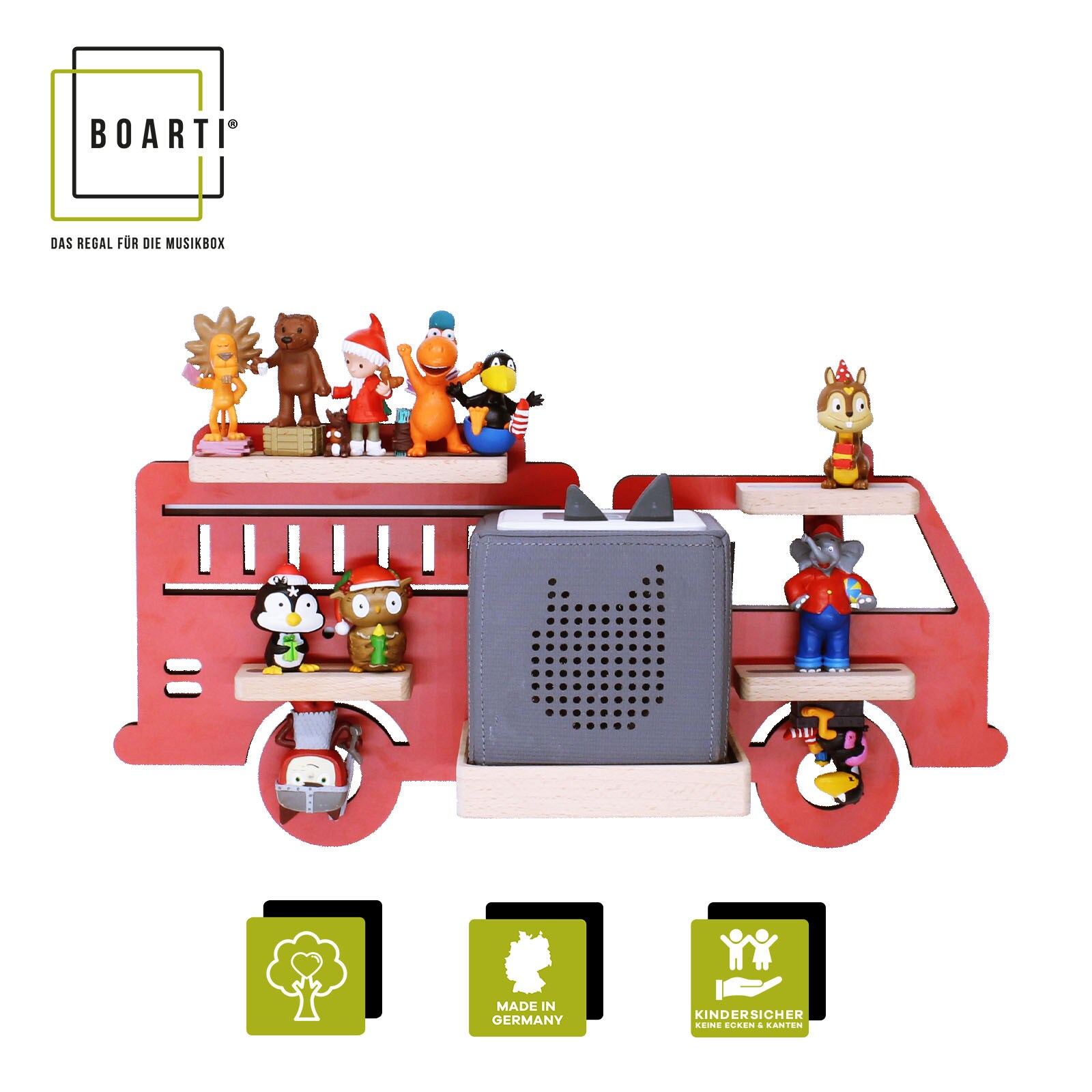 BOARTI Kinderregal Auto Feuerwehr | h&auml;ngend f&uuml;r Toniebox und Tonie Figuren | platzsparendes Regal | H. 22 x B. 47 x T. 19 | Wandregal Musikbox Figuren Aufbewahrung Magneteins&auml;tzen | Aufbewahrungsregal Holz - Bild 1