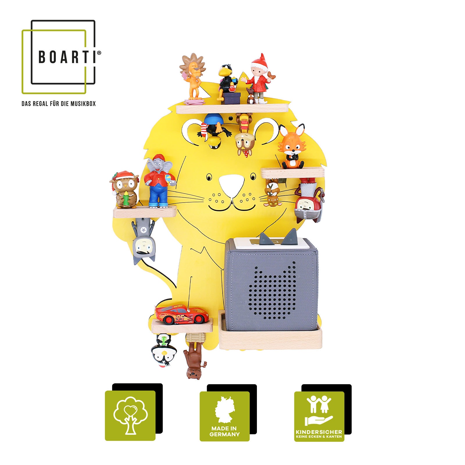 BOARTI Kinderregal Tier L&ouml;we | h&auml;ngend f&uuml;r Toniebox und Tonie Figuren | platzsparendes Regal | H. 42 x B. 32 x T. 19 | Wandregal Musikbox Figuren Aufbewahrung Magneteins&auml;tzen | Aufbewahrungsregal Holz Wolken - Bild 1