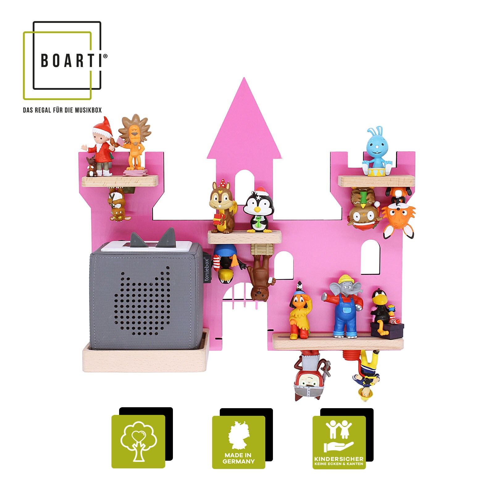BOARTI Kinderregal Haus Schloss | h&auml;ngend f&uuml;r Toniebox und Tonie Figuren | platzsparendes Regal | H. 34 x B. 42 x T. 19 | Wandregal Musikbox und Figuren Aufbewahrung Magneteins&auml;tzen | Aufbewahrungsregal Holz - Bild 1