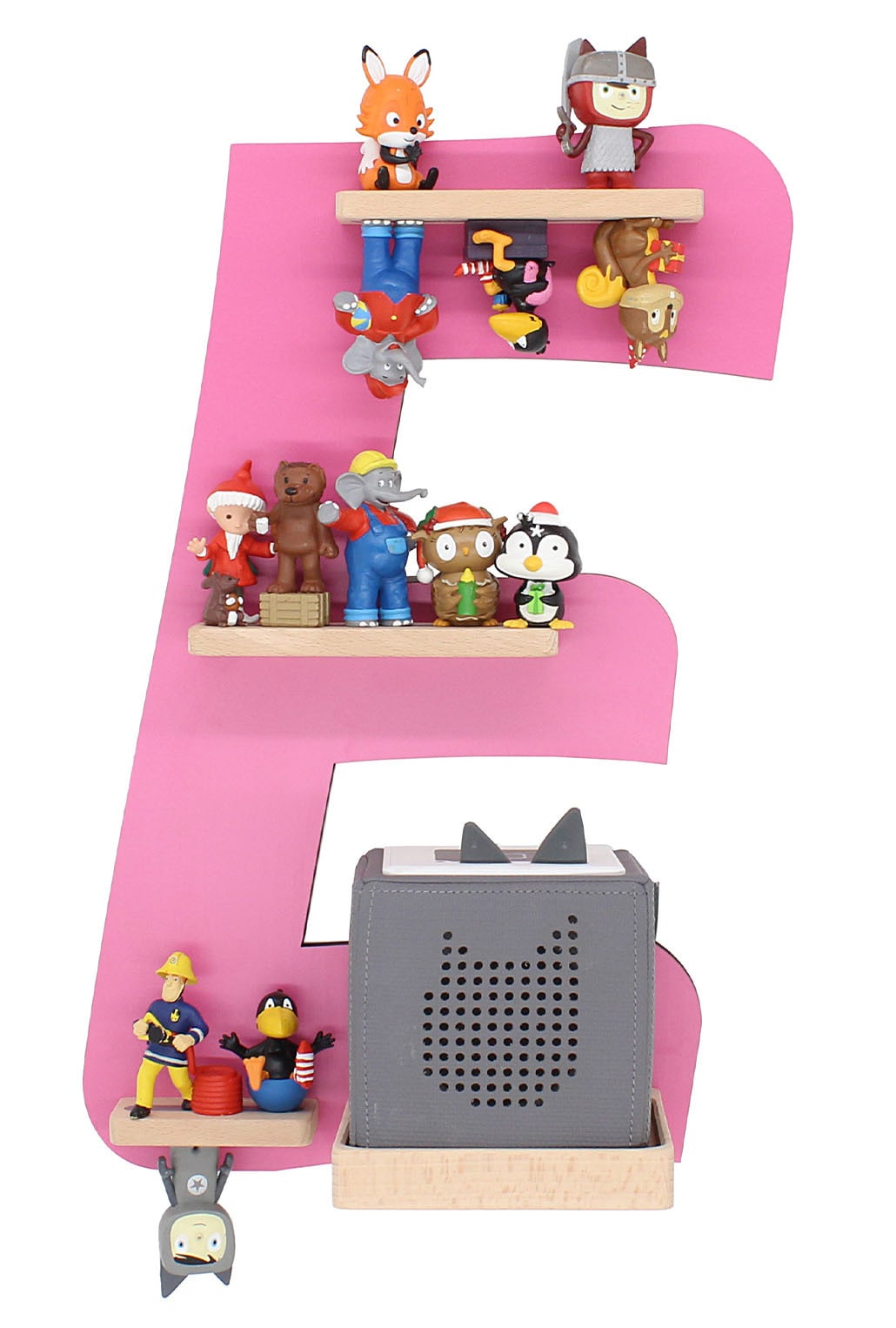 BOARTI Kinderregal Buchstabe E | h&auml;ngend f&uuml;r Toniebox und Tonie Figuren | platzsparendes Regal | H. 47 x B. 32 x T. 19 | Wandregal Musikbox und Figuren Aufbewahrung Magneteins&auml;tzen | Aufbewahrungsregal Holz - Bild 1