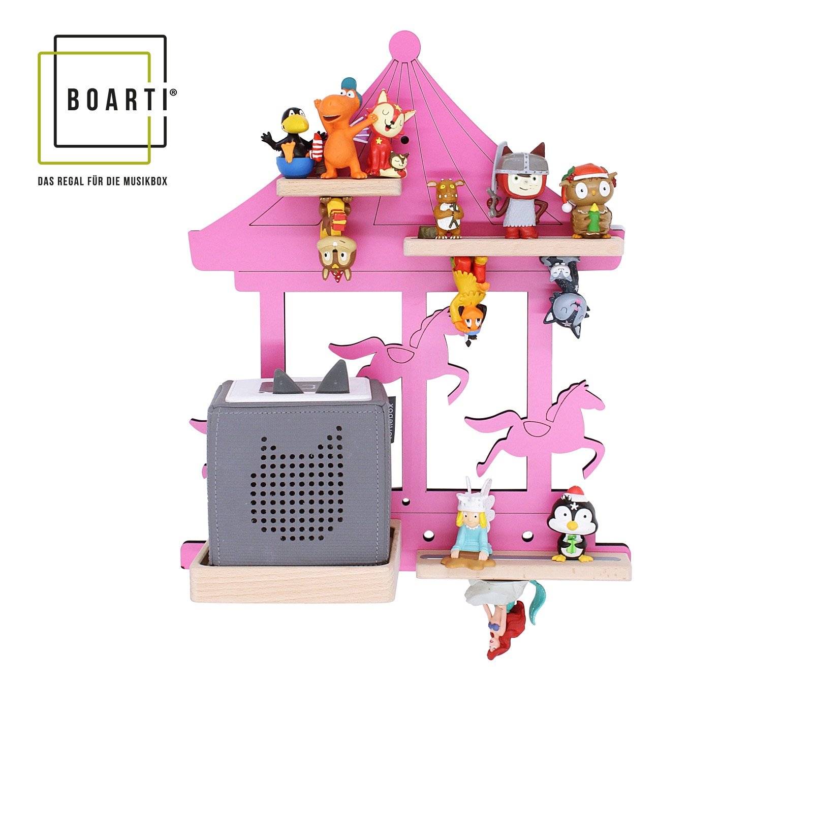 BOARTI Kinderregal Karussell | h&auml;ngend f&uuml;r Toniebox und Tonie Figuren | platzsparendes Regal | H. 41 x B. 35 x T. 19 cm | Wandregal Musikbox und Figuren Aufbewahrung Magneteins&auml;tzen | Aufbewahrungsregal Holz - Bild 1