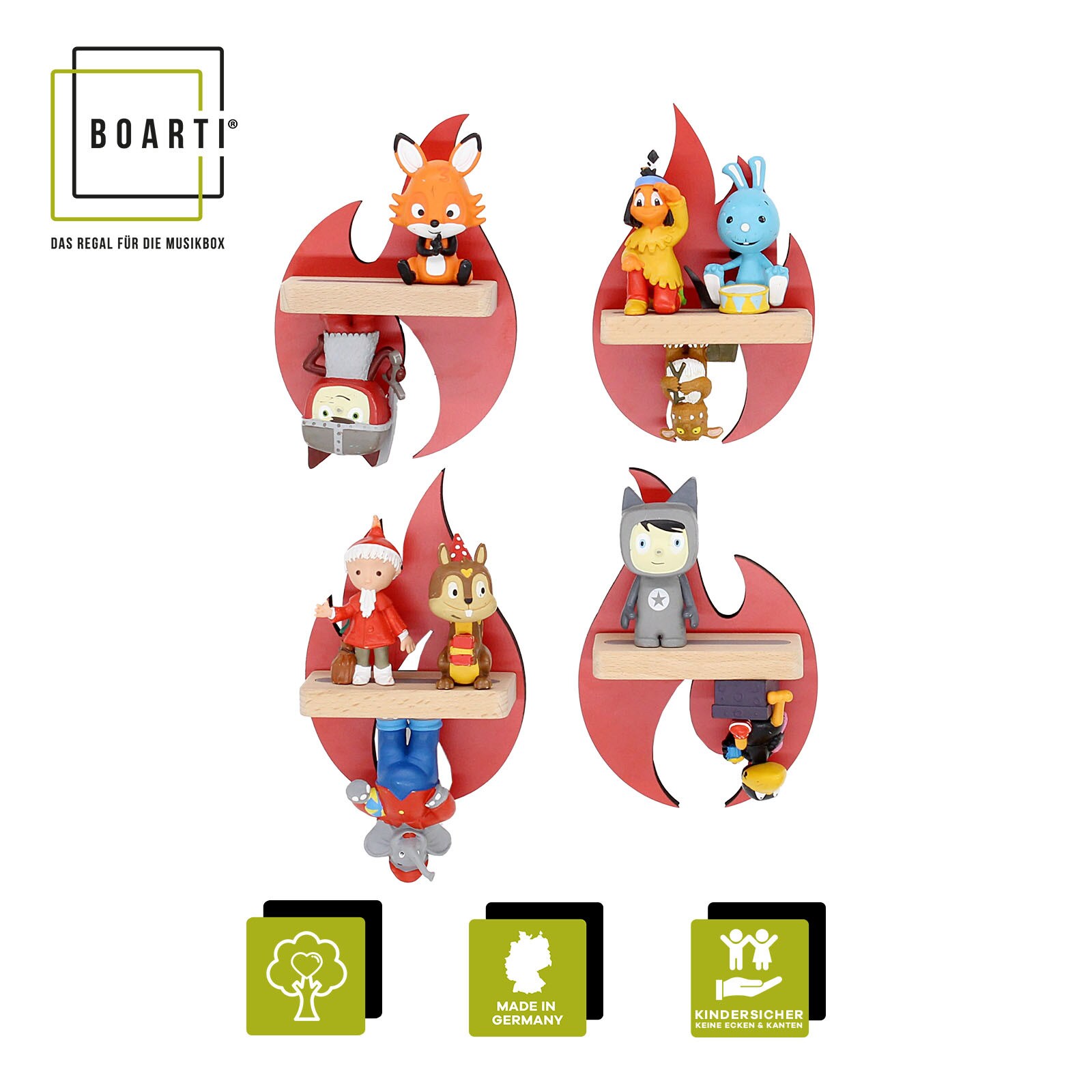 BOARTI Kinderregal Flammen Feuerwehr   hängend für Tonie Figuren   platzsparendes Regal   Maße: H. 31 x B. 21 x T. 5 cm   Wandregal für Figuren Aufbewahrung mit Magneteinsätzen   Aufbewahrungsregal Holz | 04260641122998