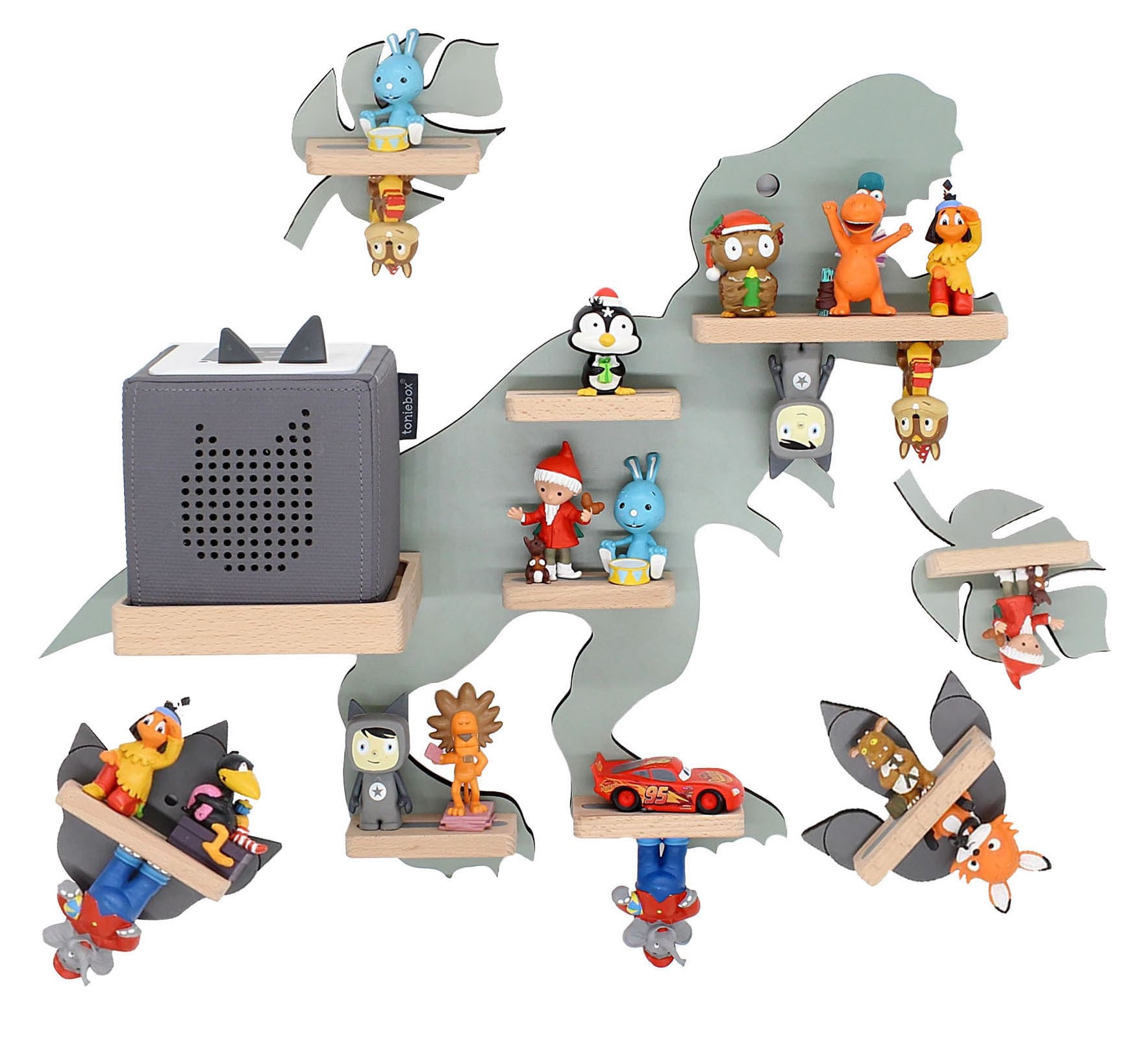 BOARTI Kinderregal Tier Dinosaurier | h&auml;ngend f&uuml;r Toniebox und Tonie Figuren | Regal | H. 44 x B. 53 x T. 19 | Wandregal Musikbox und Figuren Aufbewahrung mit Magneteins&auml;tzen | Aufbewahrungsregal Holz Dino - Bild 1