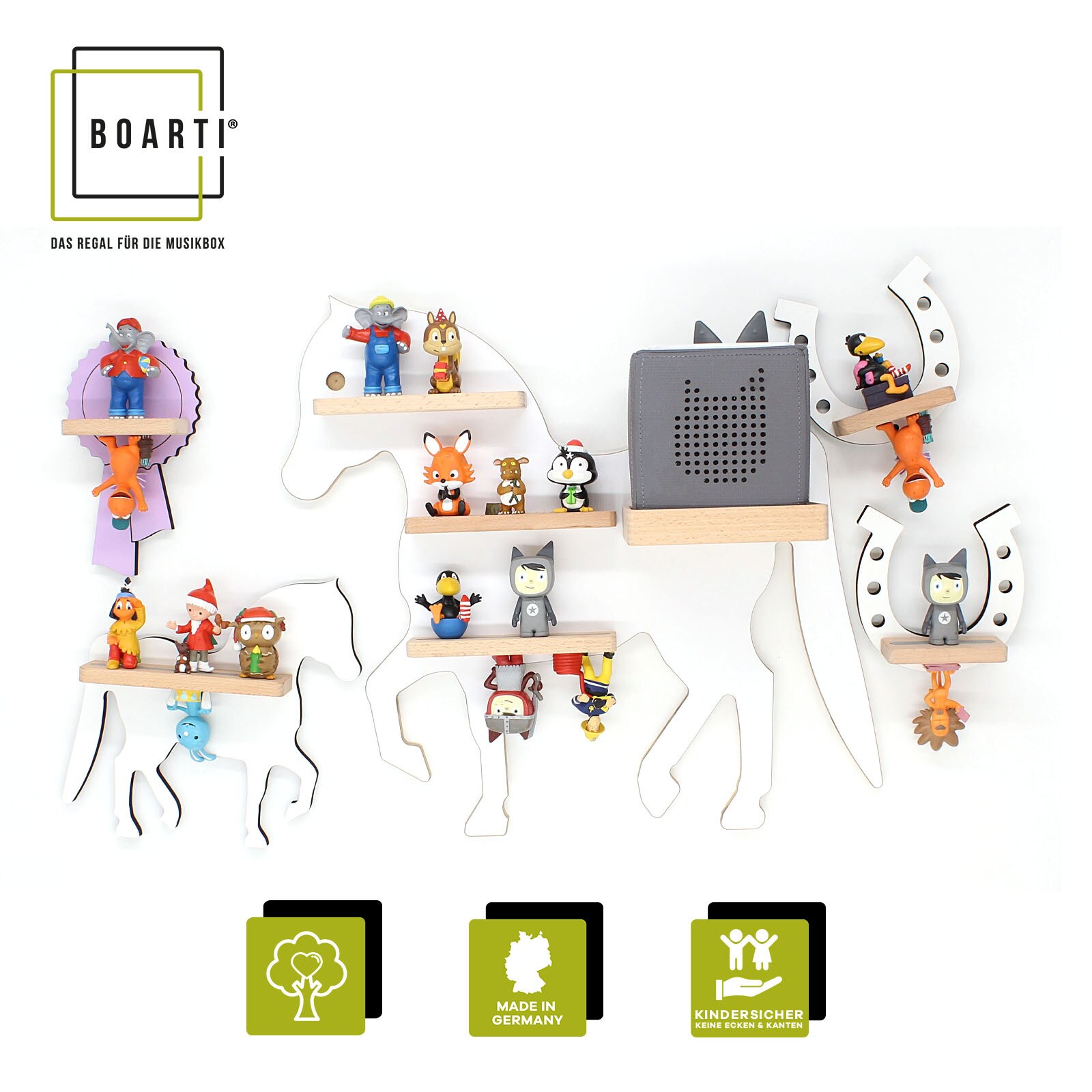BOARTI Kinderregal Tier Pferd   hängend für Toniebox und Tonie Figuren   platzsparendes Regal   H. 43 x B. 68 x T. 19   Wandregal Musikbox Figuren Aufbewahrung mit Magneteinsätzen   Aufbewahrungsregal Holz | 04260641122899