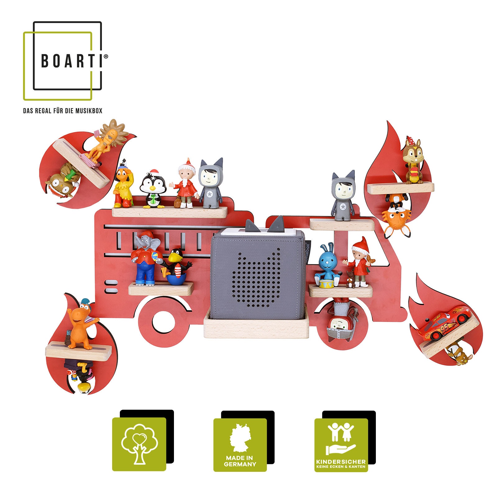 BOARTI Kinderregal Auto Feuerwehr | h&auml;ngend f&uuml;r Toniebox und Tonie Figuren | platzsparendes Regal | H. 22 x B. 47 x T. 19 | Wandregal Musikbox Figuren Aufbewahrung Magneteins&auml;tzen | Aufbewahrungsregal Holz - Bild 1