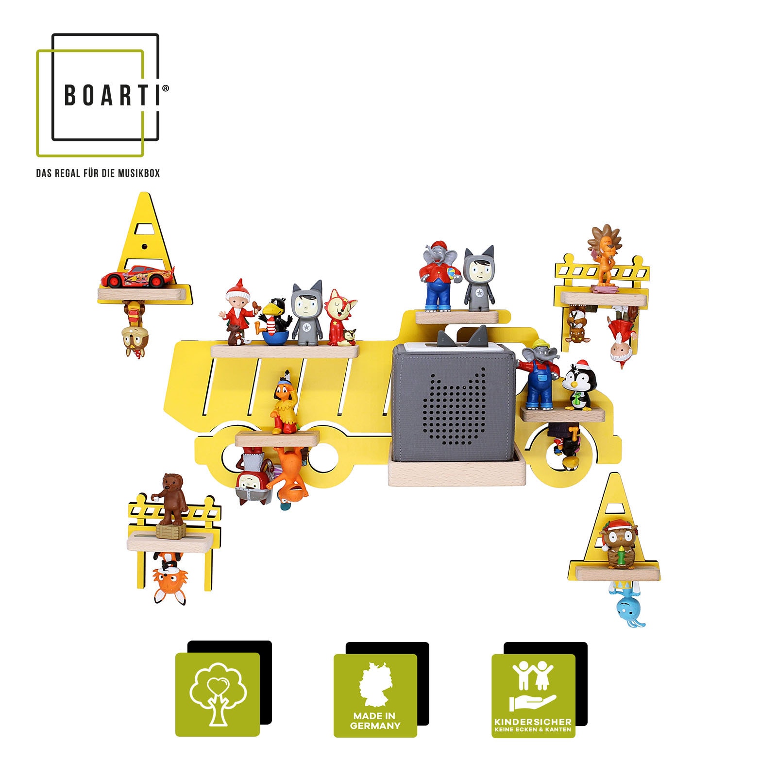 BOARTI Kinderregal LKW Bagger | h&auml;ngend f&uuml;r Toniebox und Tonie Figuren | platzsparendes Regal | H. 43 x B. 47 x T. 19 cm | Wandregal Musikbox Figuren Aufbewahrung Magneteins&auml;tzen | Aufbewahrungsregal Holz - Bild 1
