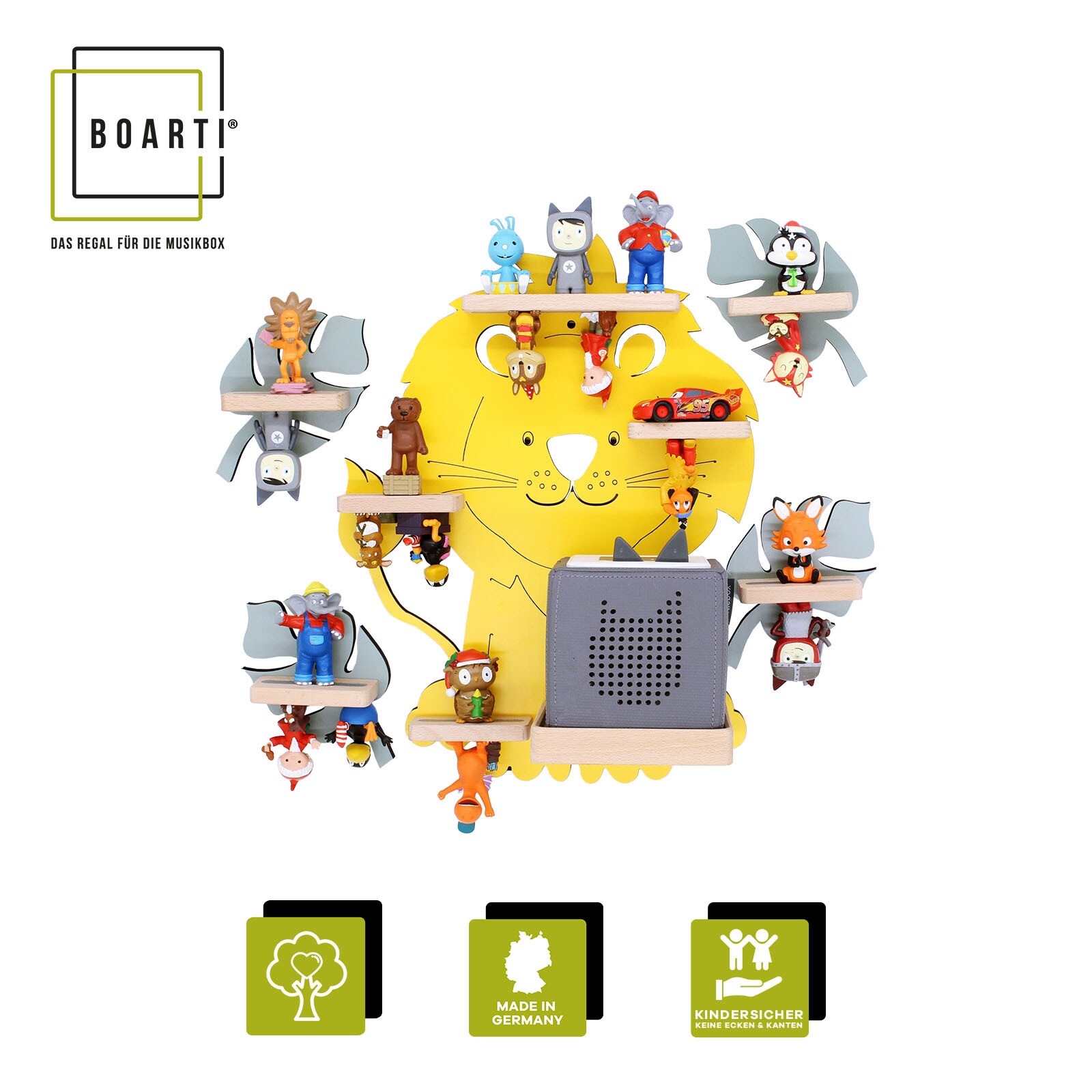 BOARTI Kinderregal Tier Löwe   hängend für Toniebox und Tonie Figuren   platzsparendes Regal   H. 42 x B. 42 x T. 19 cm   Wandregal Musikbox und Figuren Aufbewahrung Magneteinsätzen   Aufbewahrungsregal Holz | 04260641122981