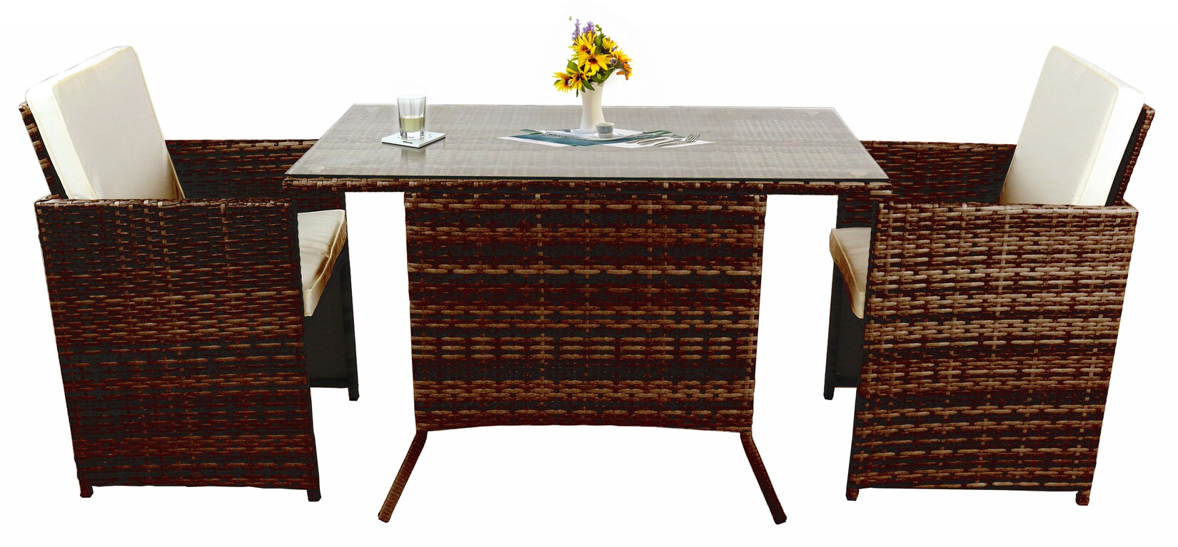 VCM 3-tlg Gartenmöbel Set   Sitzgruppe Essgruppe   1xTisch, 2x Stühle   Tisch Maße ca. H. 74 x B. 114 x T.  64 cm   Rattan   Garten Set – Raloso | 04051814444968