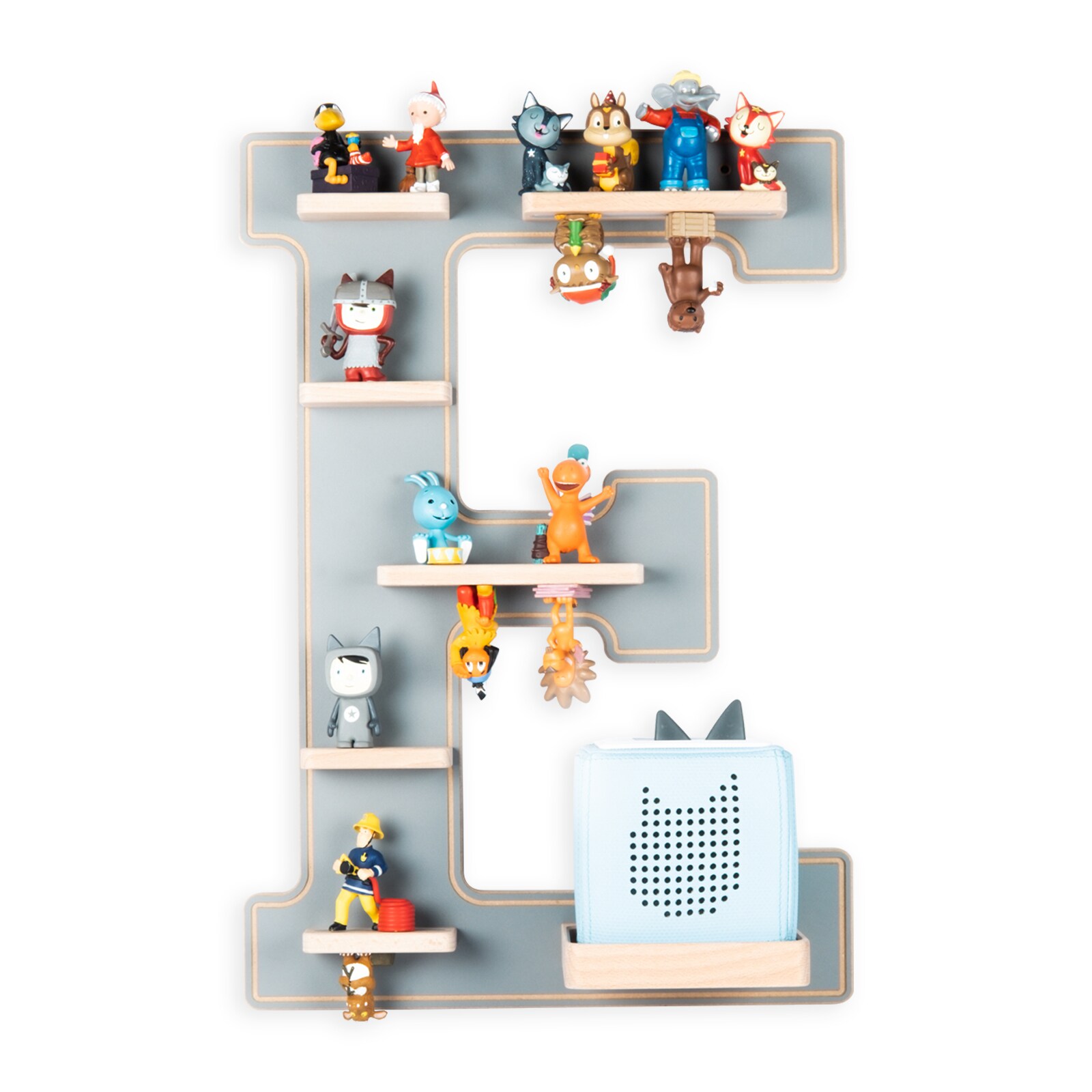 BOARTI Kinderregal Buchstabe E | h&auml;ngend f&uuml;r Toniebox und Tonie Figuren | platzsparendes Regal | H. 54 x B. 38 x T. 19 | Wandregal Musikbox und Figuren Aufbewahrung Magneteins&auml;tzen | Aufbewahrungsregal Holz - Bild 1
