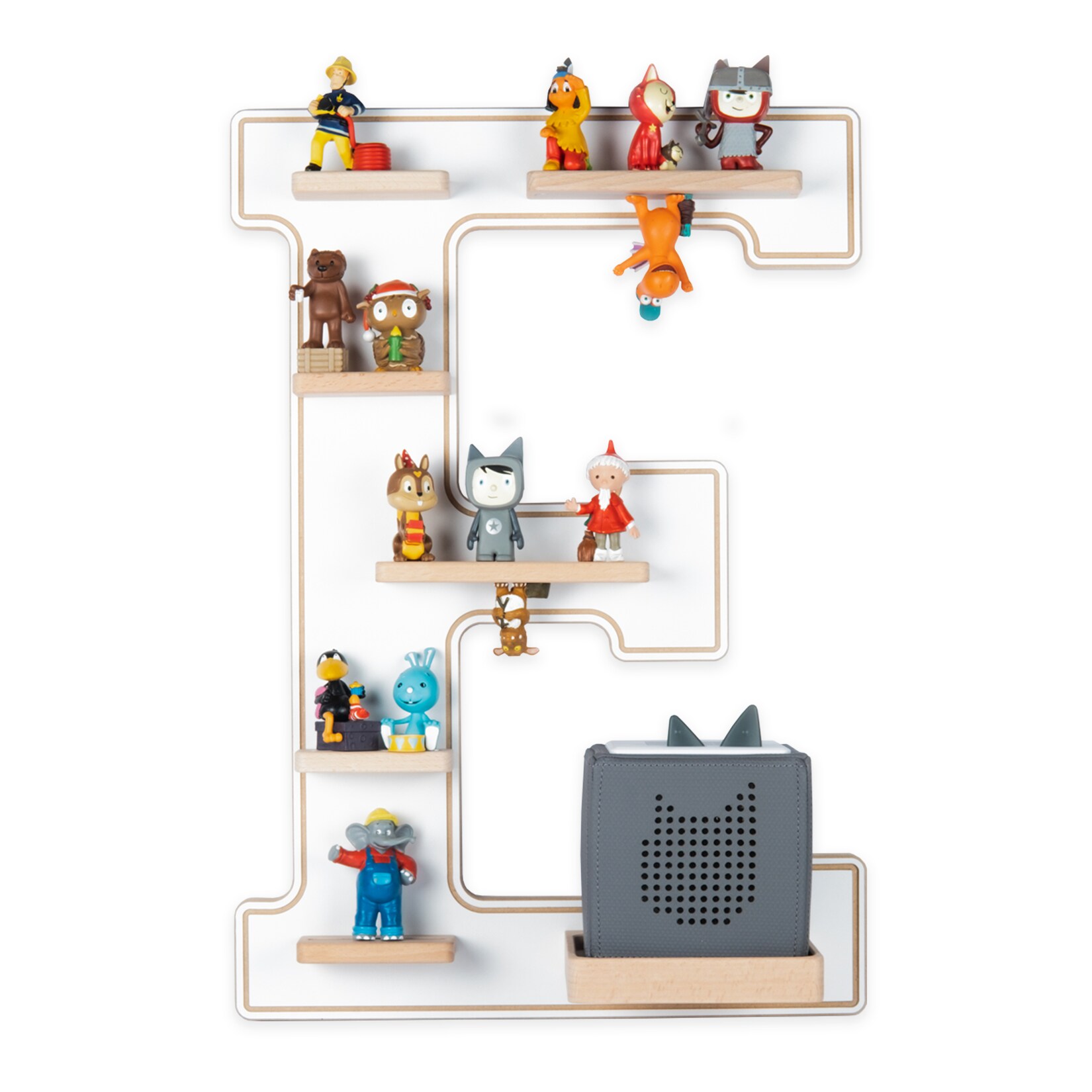 BOARTI Kinderregal Buchstabe E hängend für Toniebox und Tonie Figuren platzsparendes Regal H. 54 x B. 38 x T. 19 Wandregal Musikbox und Figuren Aufbewahrung Magneteinsätzen Aufbewahrungsregal Holz
