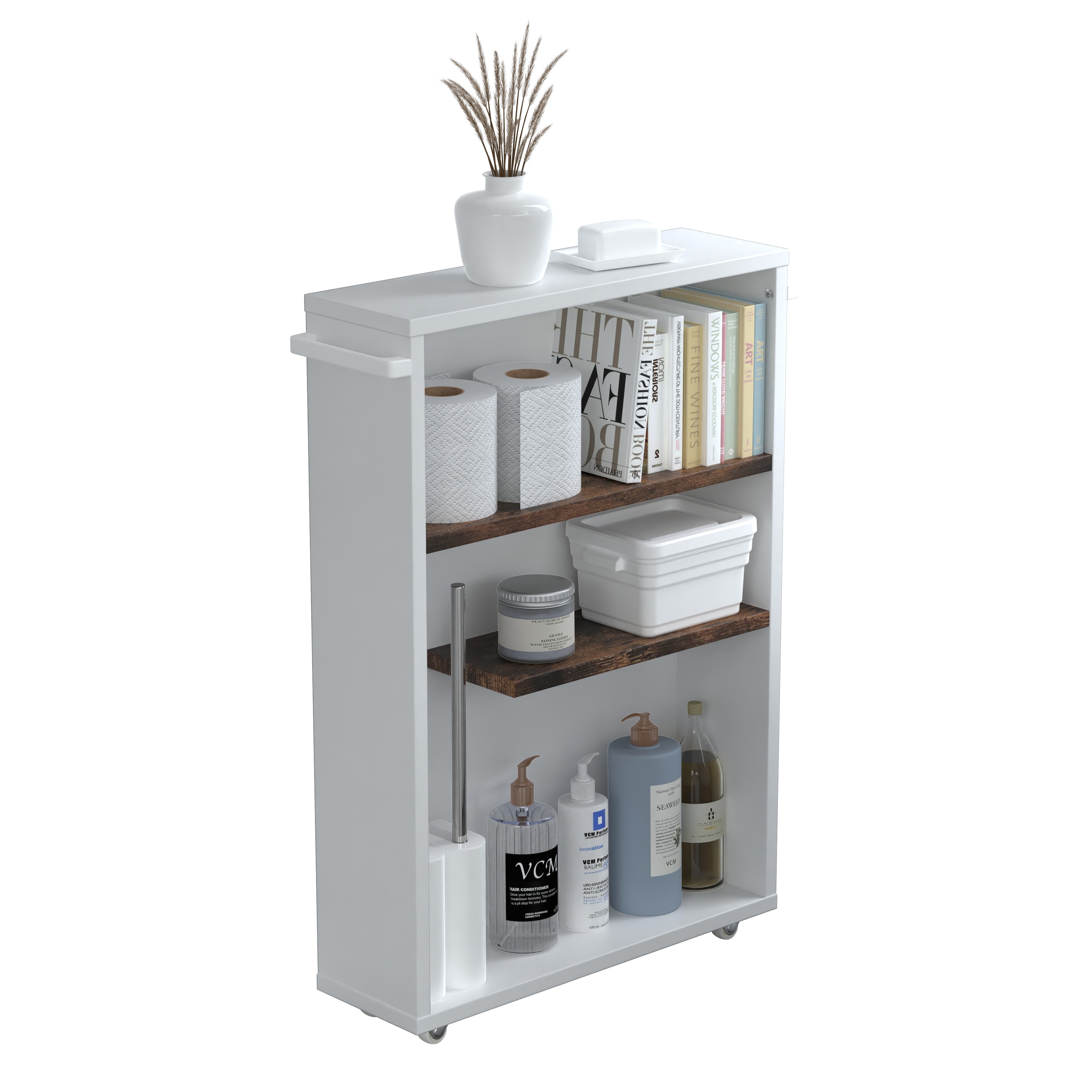 VCM Midischrank, schmaler Badschrank mit offenen F&auml;chern, platzsparendes Nischenregal mit Rollen, 61 x 20 x 45 cm, Nilari - Bild 1