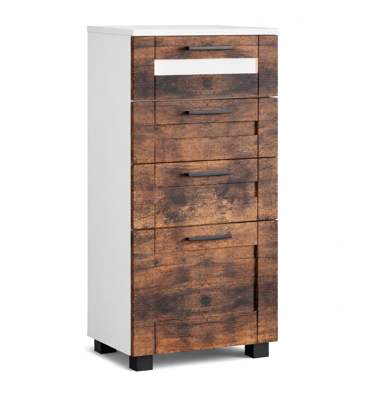 VCM Midischrank – schmaler Badschrank mit 4 Schubladen, H. 76 x B. 38 x T. 28 cm, kompakte Aufbewahrung für Badezimmer, Badmöbel, Schubladenkommode, Nilari L