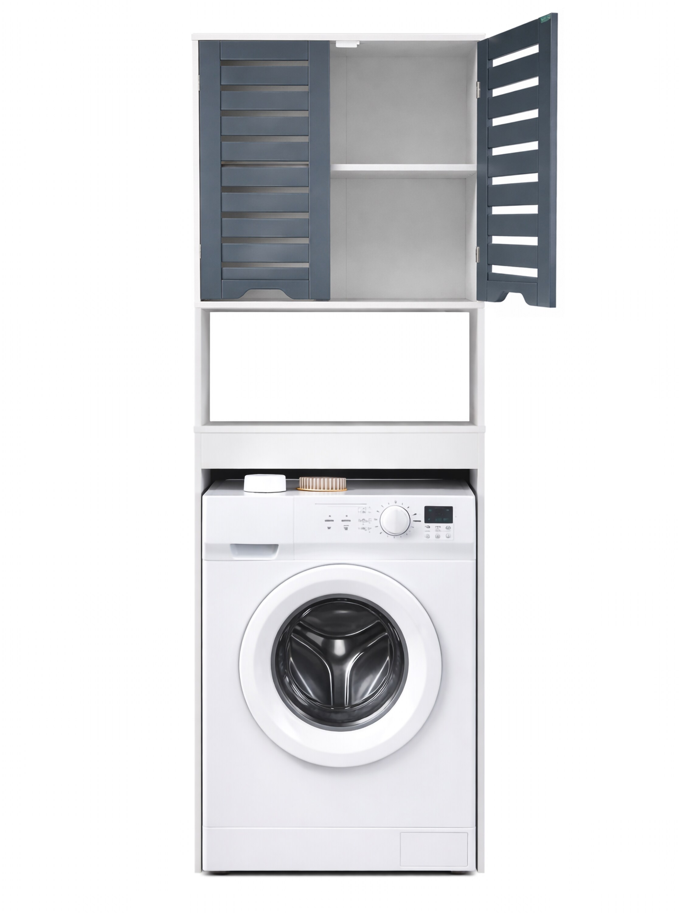 VCM Waschmaschinenschrank - Praktischer &Uuml;berbauschrank mit viel Stauraum und Dreht&uuml;ren, Ma&szlig;e ca. H. 179 x B. 63 x T. 23 cm, Waschmaschinenregal f&uuml;r Bad und Waschk&uuml;che - Flonali - Bild 1