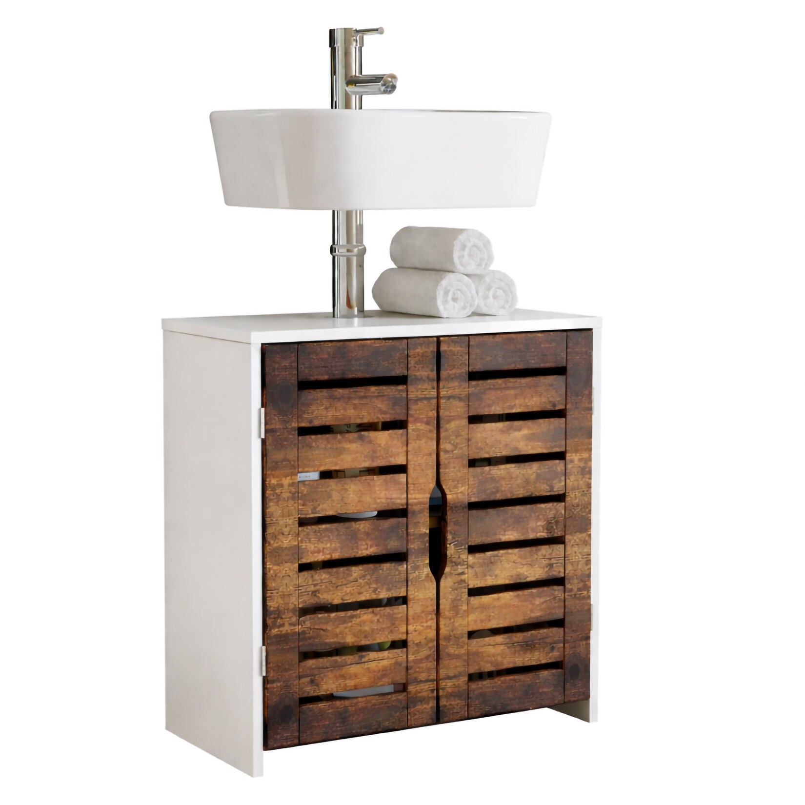 VCM Waschbeckenunterschrank, Holz Badschrank mit 2 Drehtüren, 60 x 60 x 29 cm, Badunterschrank Flonali | 04051814448201